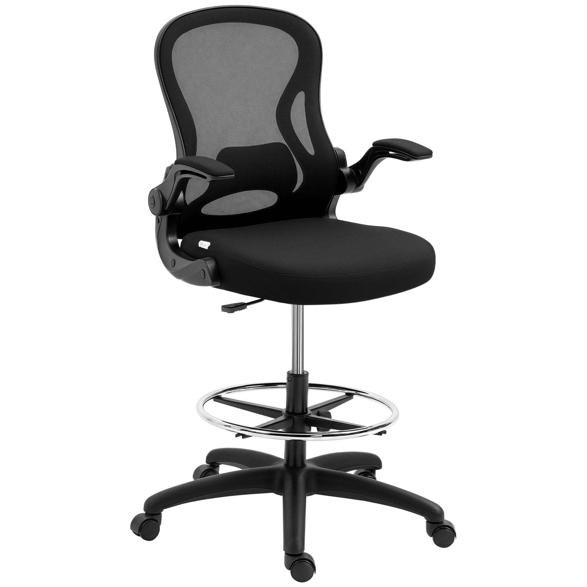 Vinsetto Adjustable Mesh Standing Desk Chair with Flip-up Armrests Lumbar Support Armrests Adjustable Footrest Ring Black - North Peak Garden Furniture