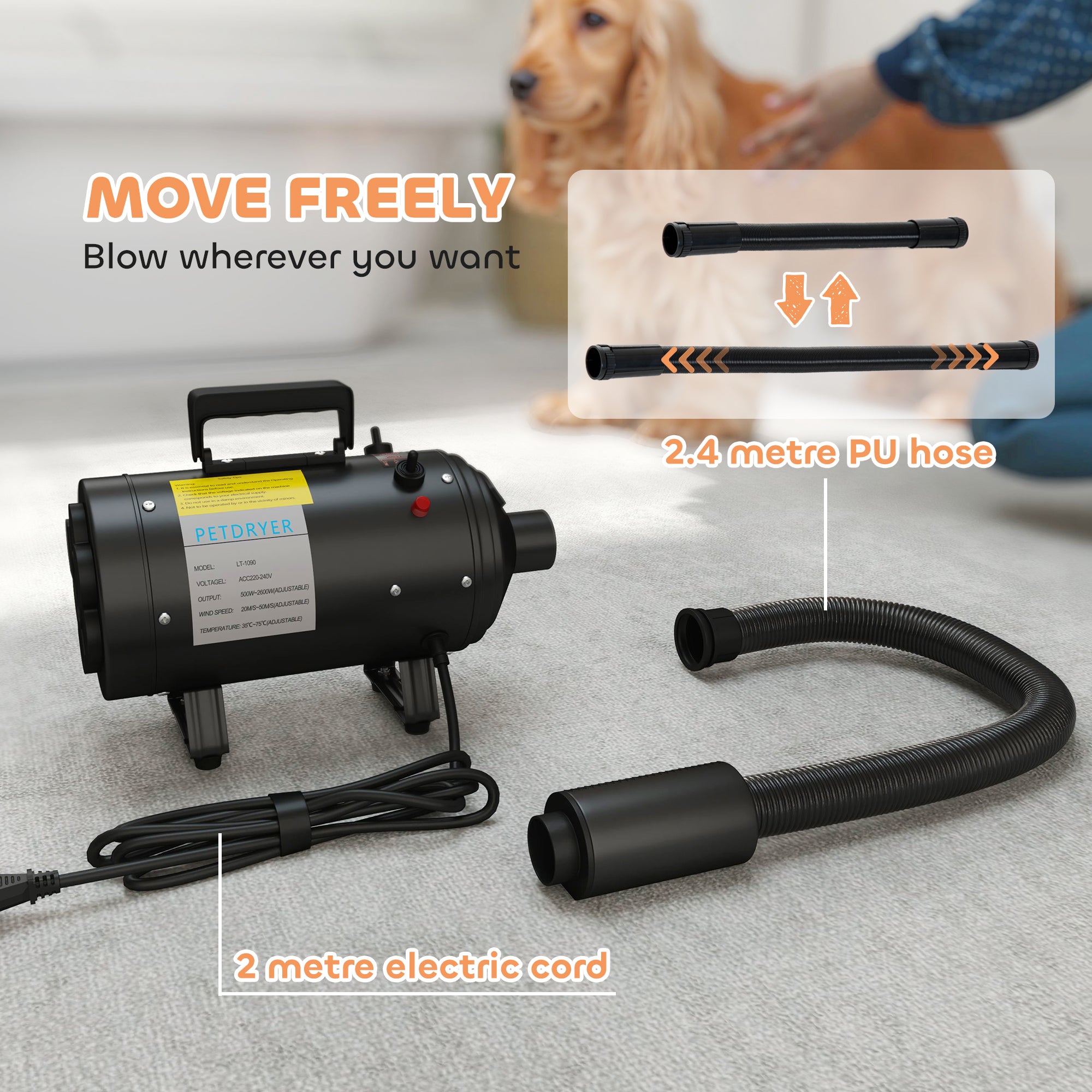 PawHut 2200W Dog Hair Dryer with Adjustable Temperature & Velocity, 3 Different Nozzles, Black - North Peak Garden Furniture