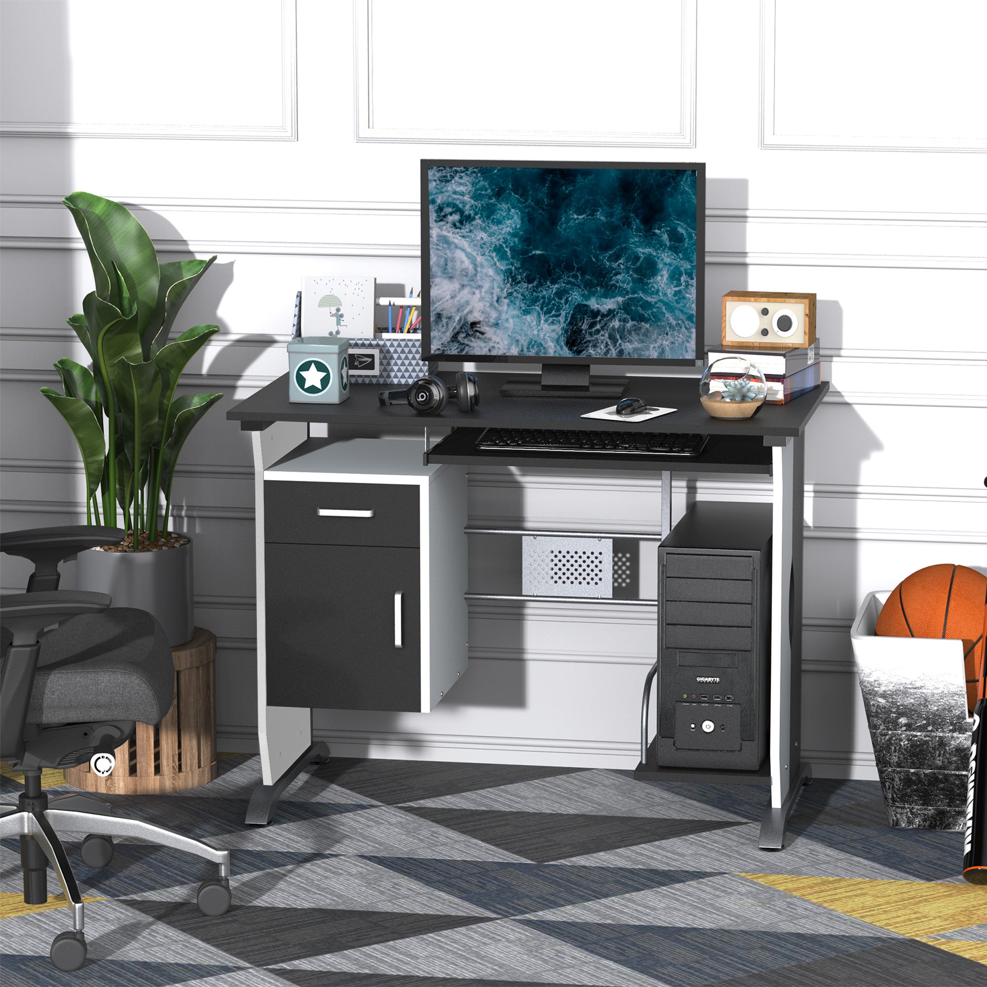 HOMCOM Computer Desk with Sliding Keyboard Tray, Storage Drawers and Host Box Shelf, Home Office Desk, Study Workstation, 100 x 52 x 75cm, Black - North Peak Garden Furniture
