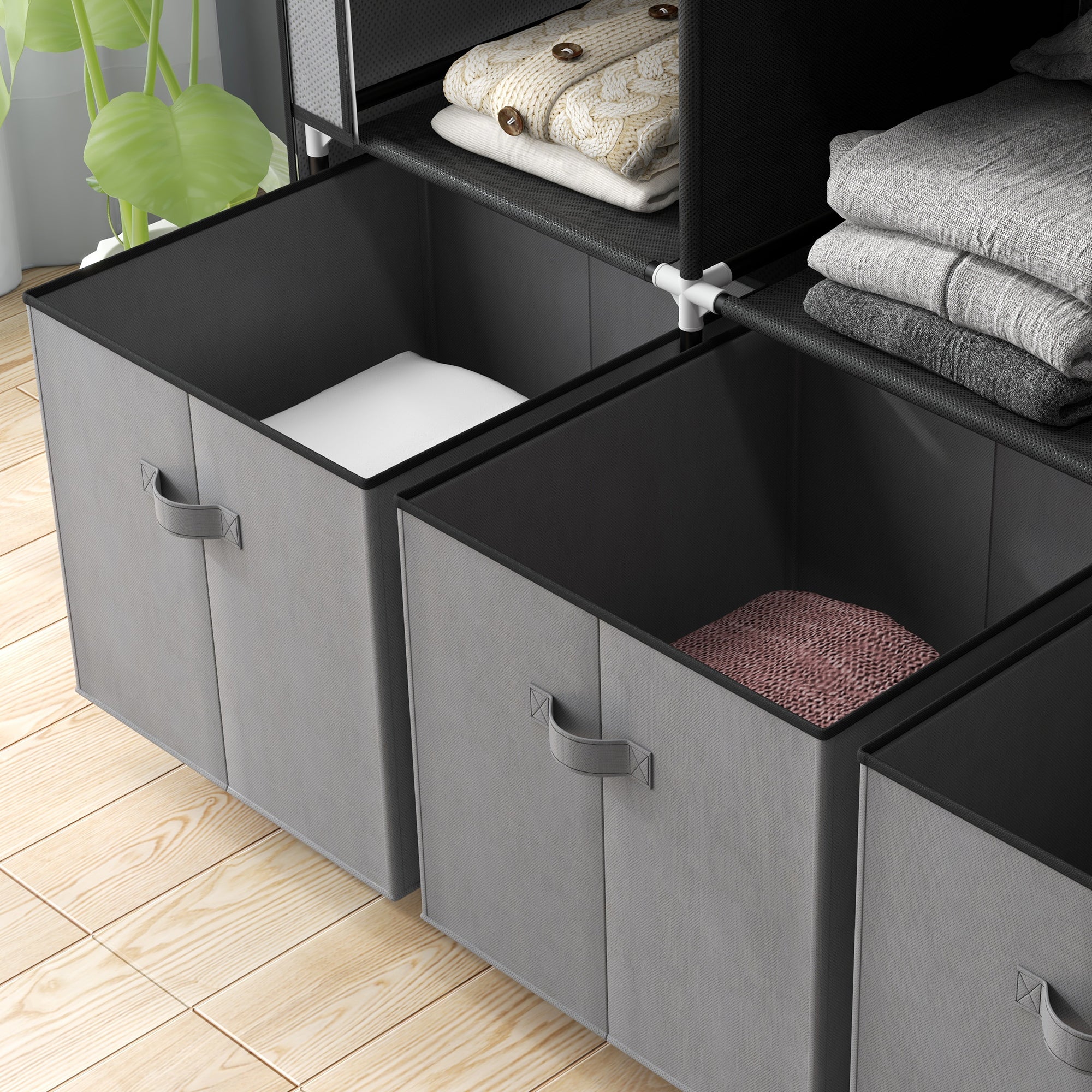 HOMCOM Fabric Wardrobe for Bedroom, Portable Wardrobe with 5 Shelves, 2 Hanging Rails and 3 Fabric Drawers, Foldable Closet, 125 x 43 x 162.5cm, Dark Grey - North Peak Garden Furniture