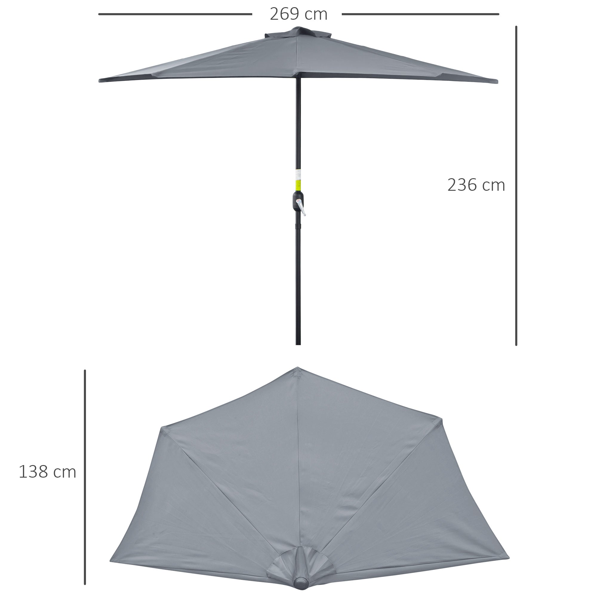 Outsunny 2.7m Balcony Half Parasol 5 Steel Ribs Construction Garden Outdoor Umbrella Grey