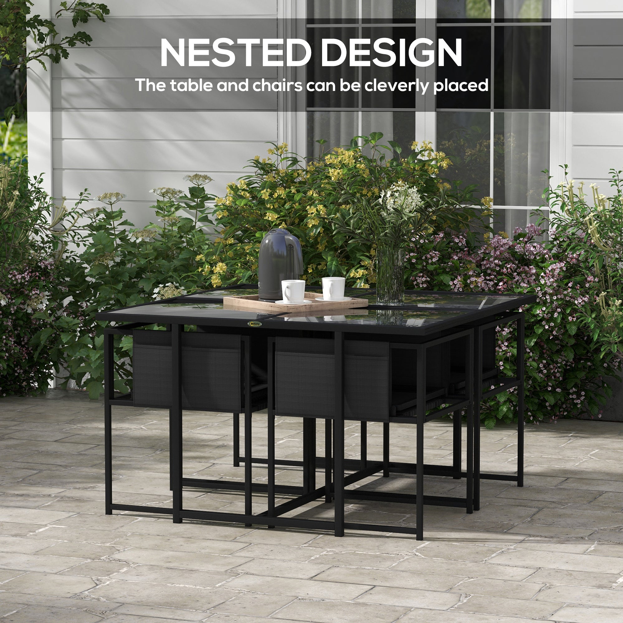 Outsunny 5 Piece Garden Dining Set with Breathable Mesh Seat, Adjustable Backrest, Tempered Glass Table Top for Patio, Black - North Peak Garden Furniture