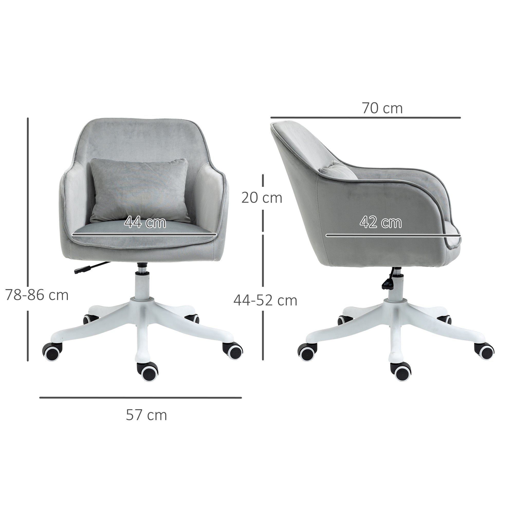Vinsetto Velvet Office Chair, Desk Chair, Makeup Vanity Chair with Massage Lumbar Pillow and Rolling Wheels for Bedroom and Home, Grey - North Peak Garden Furniture