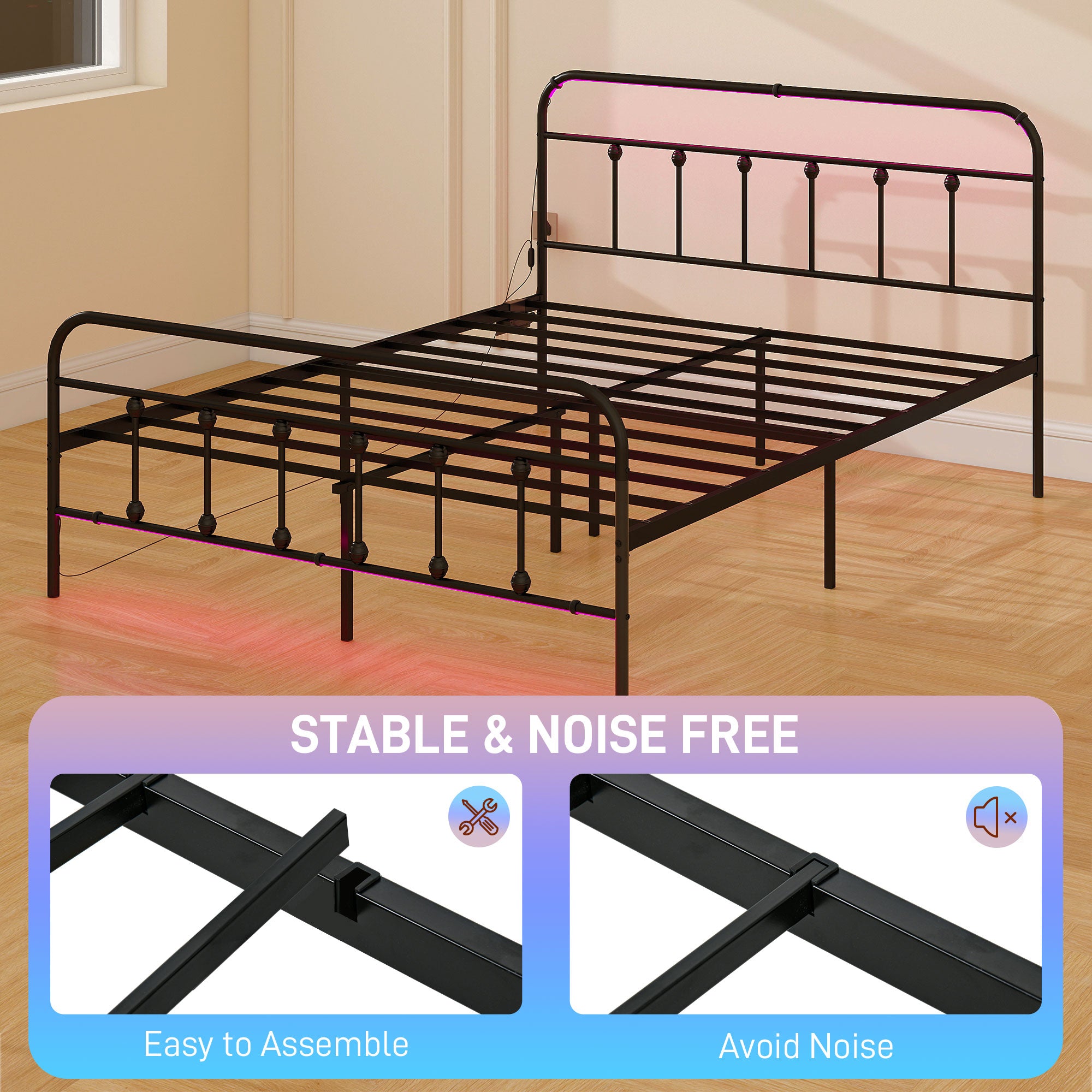 HOMCOM Double Bed Frame with LED Lights and Charging Station, Metal Platform Bed Frame with Under Bed Storage, Black - North Peak Garden Furniture