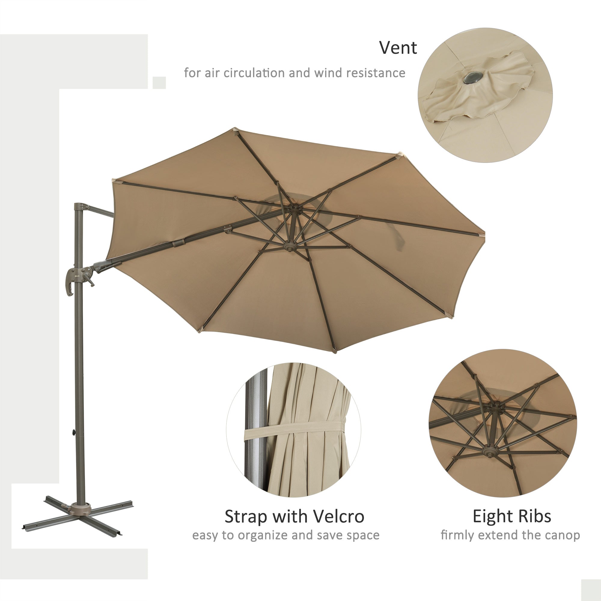 Outsunny 3m Beach Hanging Umbrella Parasol - Khaki