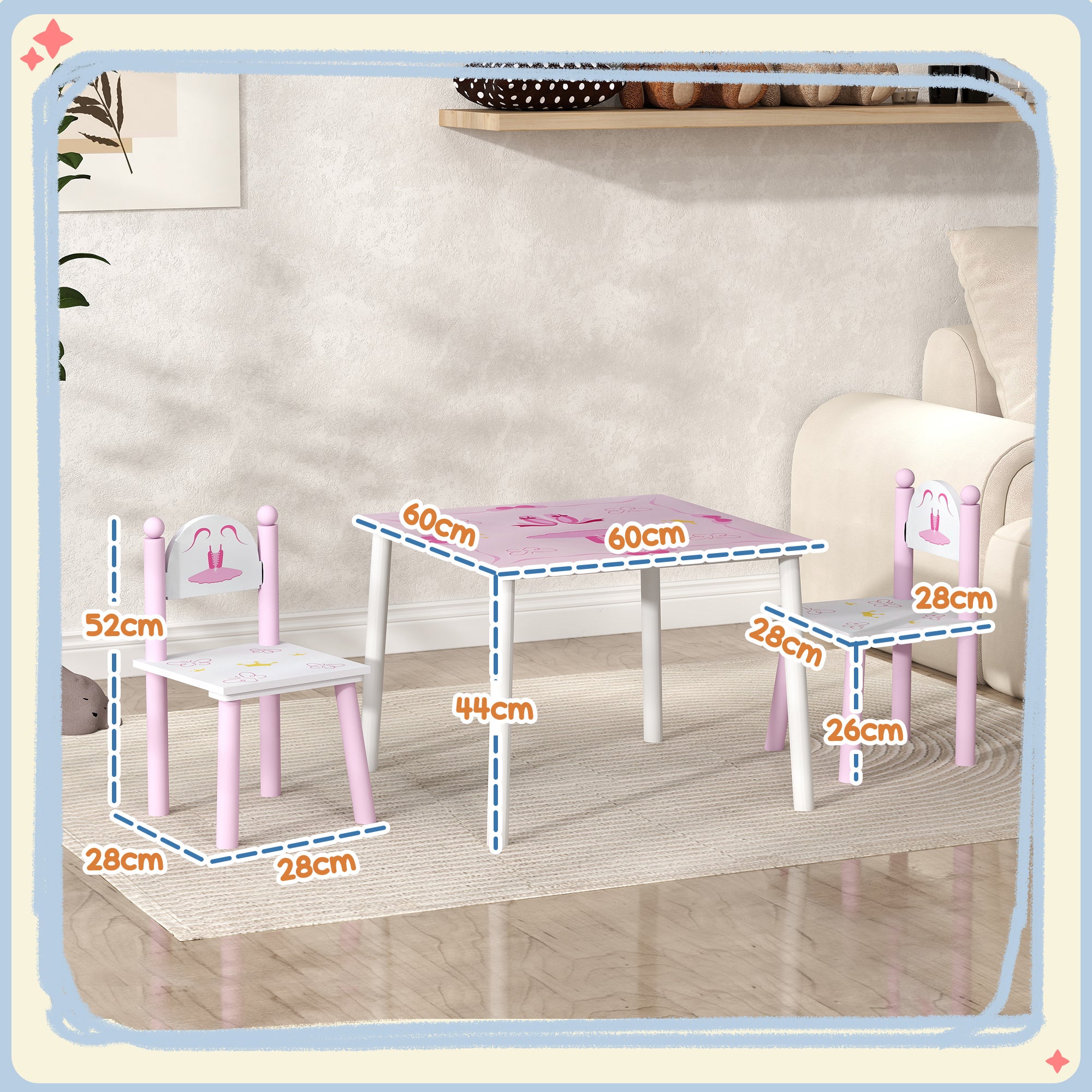 AIYAPLAY Princess Design Kids Table and Chairs Set for Activity, Art, Drawing, Toddler Table and Chairs Set for Playroom, Nursery