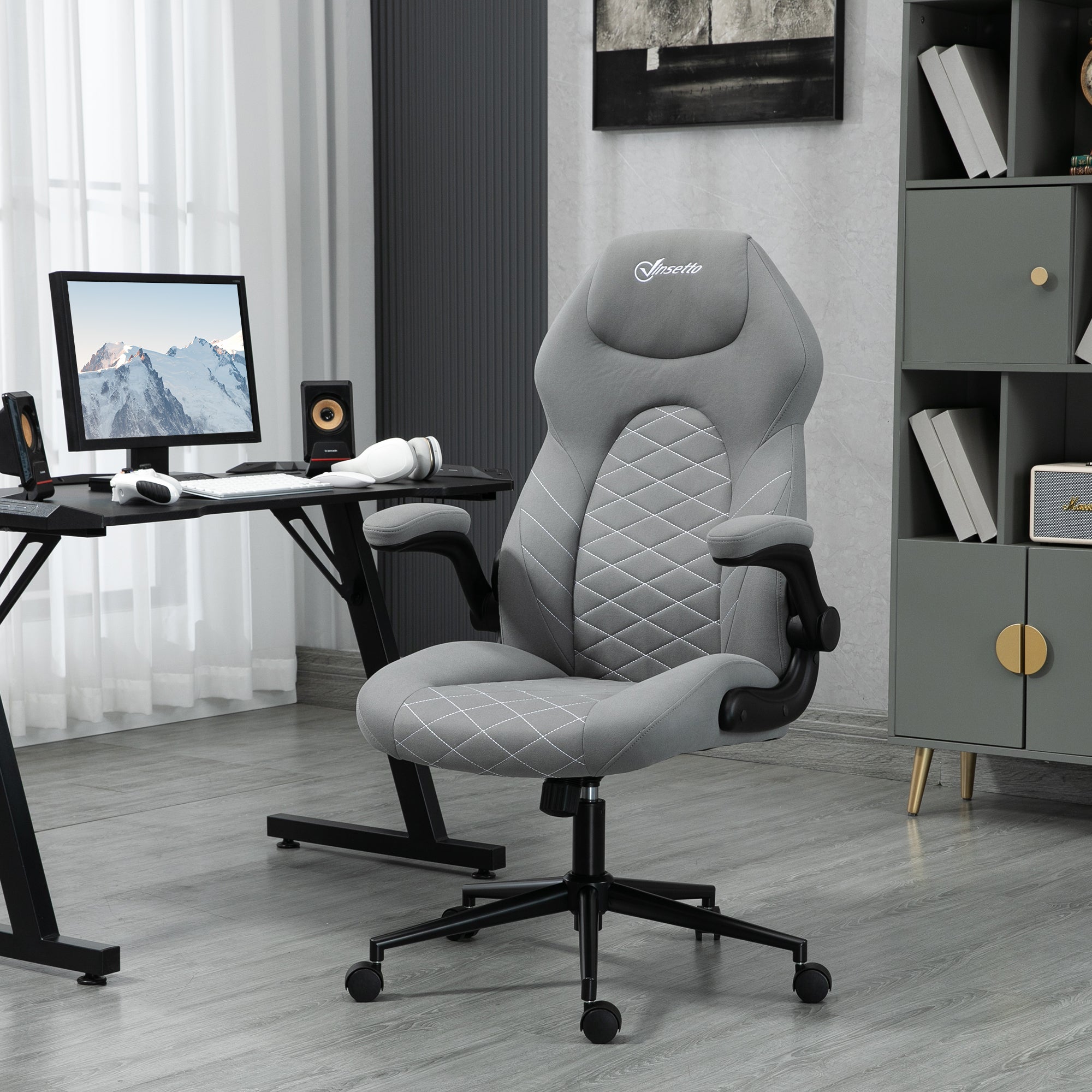 Vinsetto Home Office Desk Chair, Computer Chair with Flip Up Armrests, Swivel Seat and Tilt Function, Light Grey - North Peak Garden Furniture