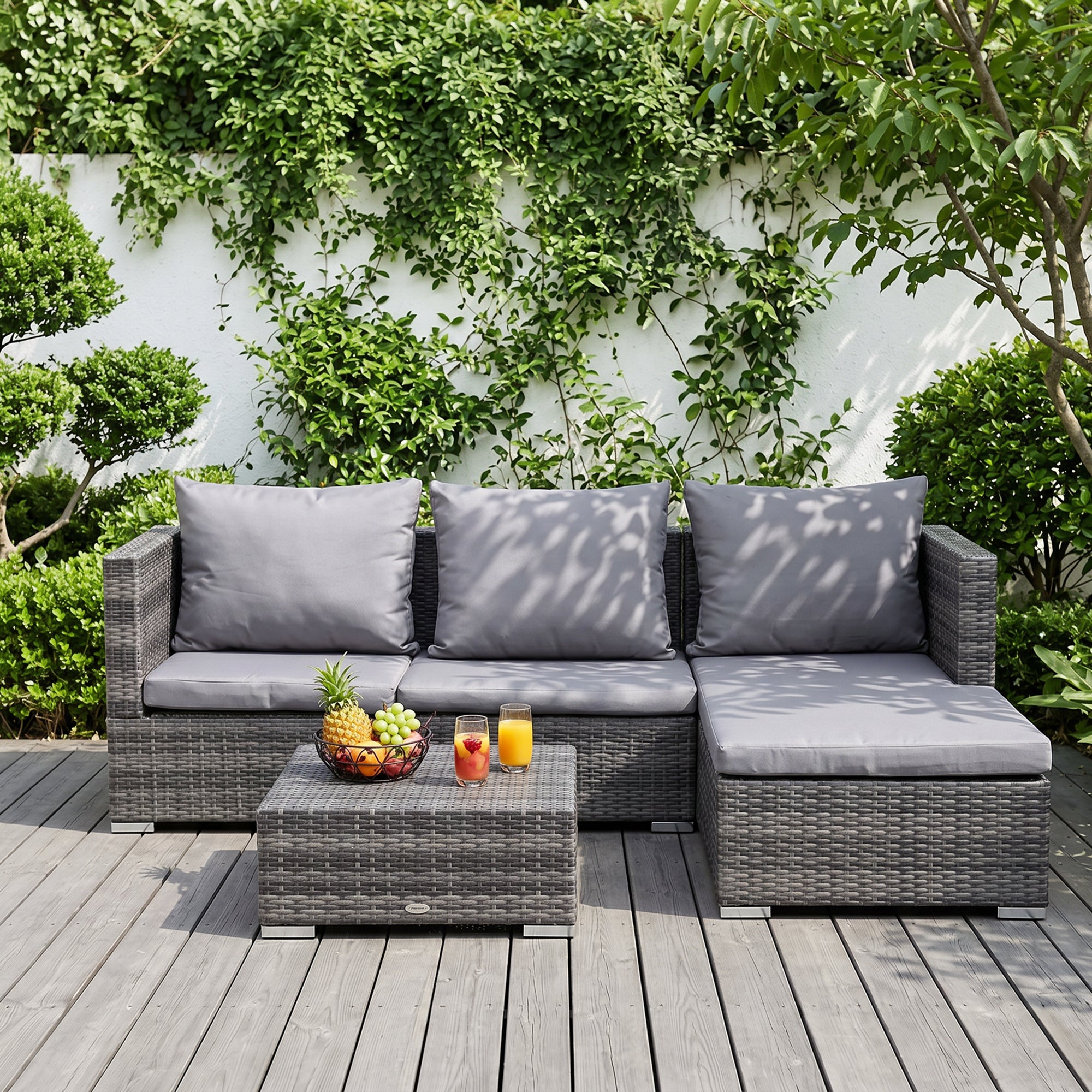 Outsunny 3PC Rattan Garden Furniture Storage Sofa Set 4 Seater Wicker Coffee Table Conservatory Sun Lounger Reclining Set Outdoor Weave with Cushion Grey