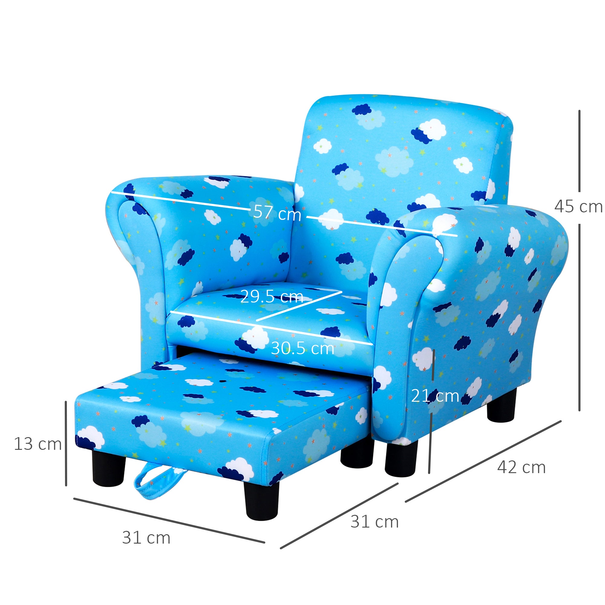 HOMCOM Toddler Chair Children's Armchairs Wood Frame w/ Footrest Anti-Slip Legs High Back Arms for Bedroom Playroom Cute Cloud Star Blue - North Peak Garden Furniture