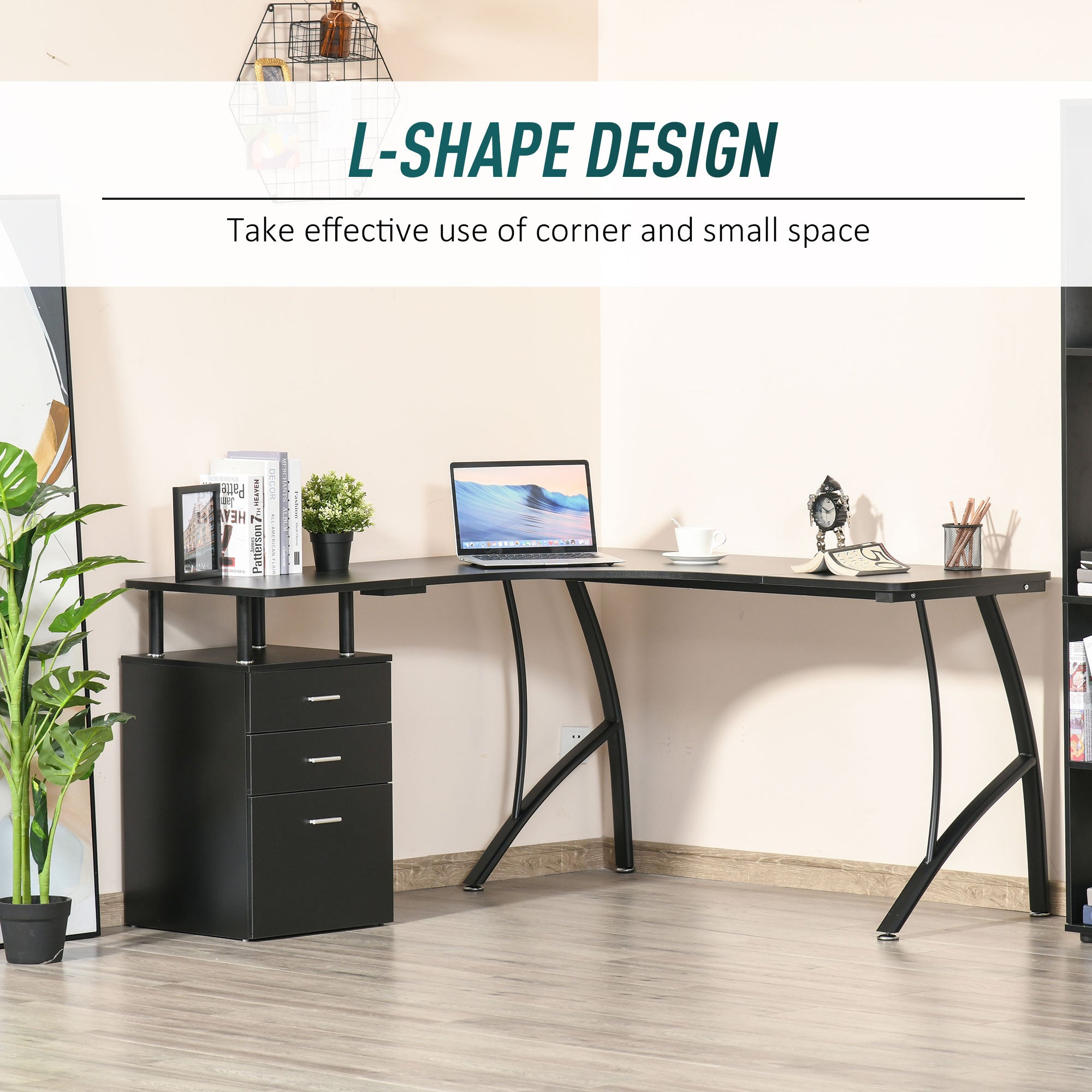 HOMCOM L-Shaped Computer Desk Table with Storage Drawer Home Office Corner Industrial Style Workstation for A4 Files 152 x 143.5 x 76cm, Black