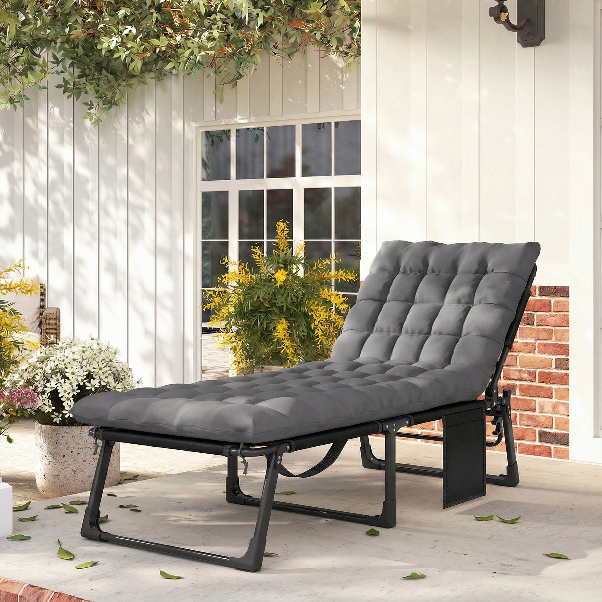 Outsunny Folding Sun Lounger for Garden, 5-Position Oversized Camping Bed Recliner with Cushions, Dark Grey
