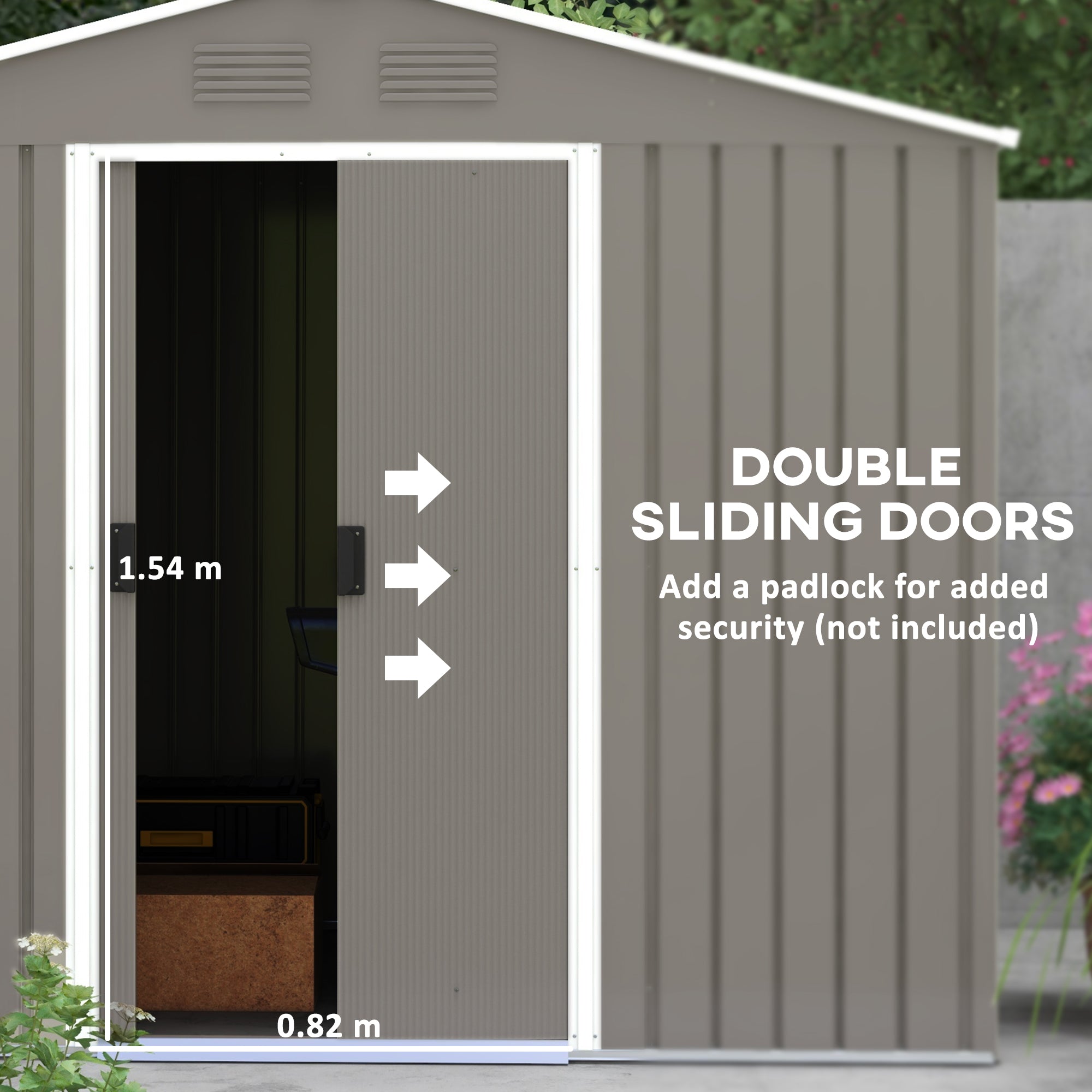 Outsunny 8 x 6ft Outdoor Garden Storage Shed, Metal Tool House with Ventilation and Sliding Doors, Light Grey - North Peak Garden Furniture