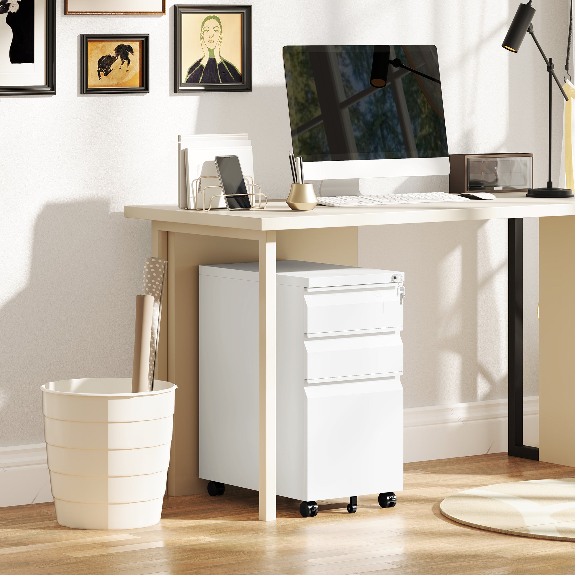 Vinsetto 3-Drawer Steel Filing Cabinet with Lock and Wheels - White - North Peak Garden Furniture