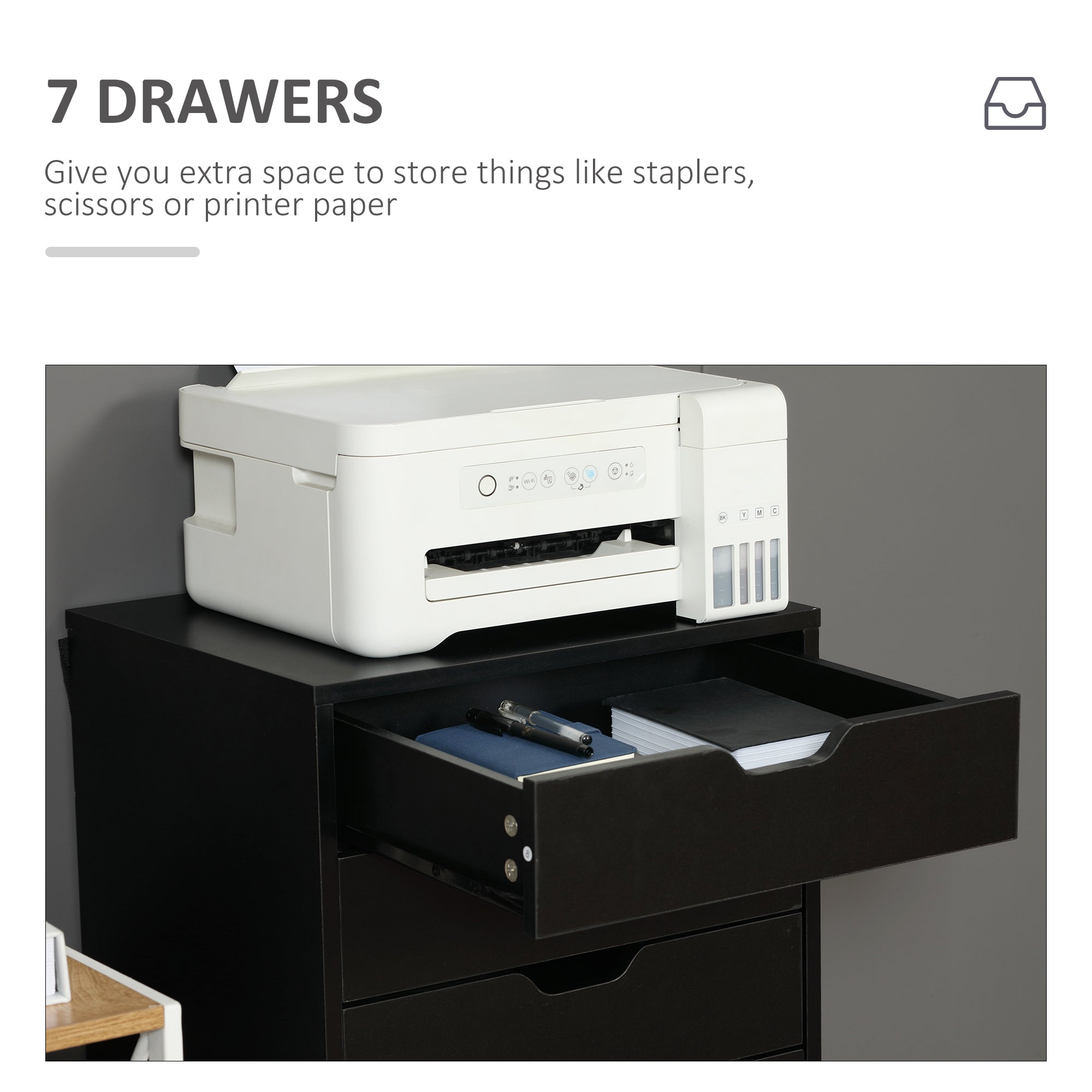 Vinsetto Seven-Drawer Filing Cabinet, with Wheels - Black - North Peak Garden Furniture