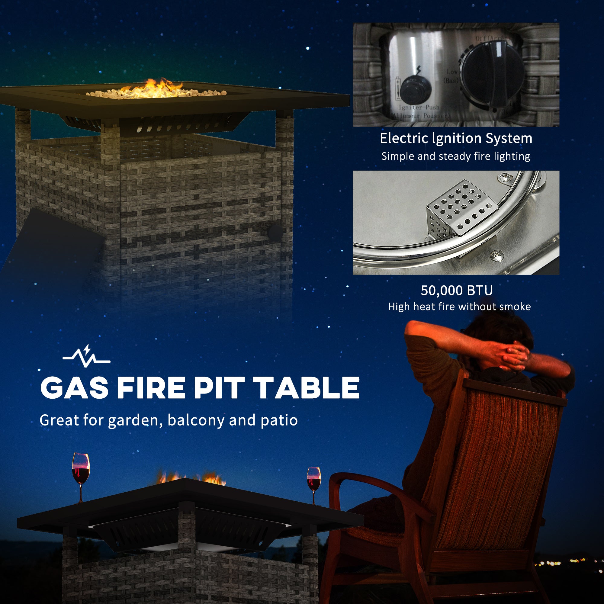 Outsunny 72.5 x 72.5cm 50,000 BTU Fire Pit Table, with Cover - Grey - North Peak Garden Furniture