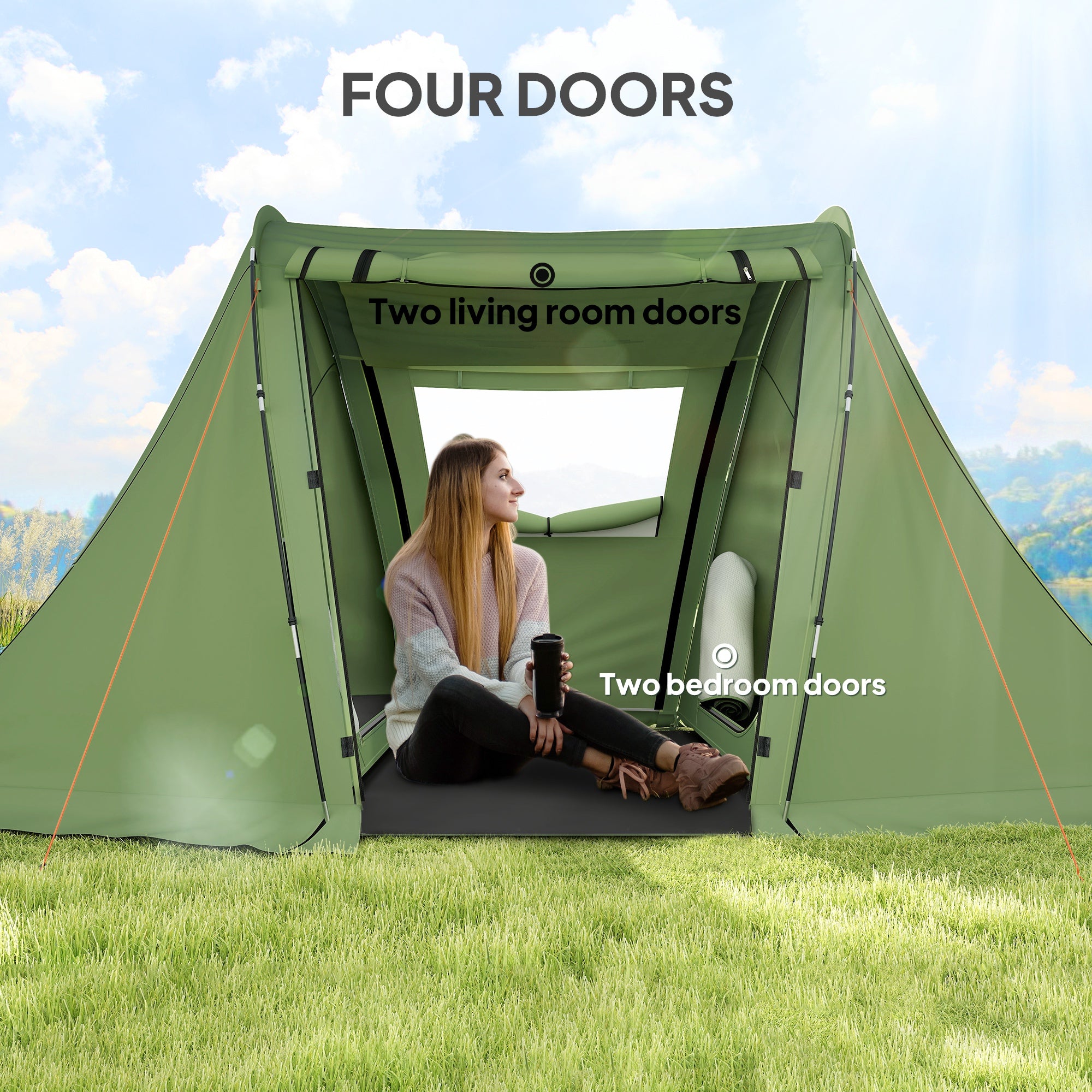 Outsunny 3 Man Camping Tent with Living Area and 2 Bedrooms, 3000mm Waterproof Family Tent with Sewn-in Groundsheet, Portable with Bag for Hiking, Festival, Backpacking, Green - North Peak Garden Furniture