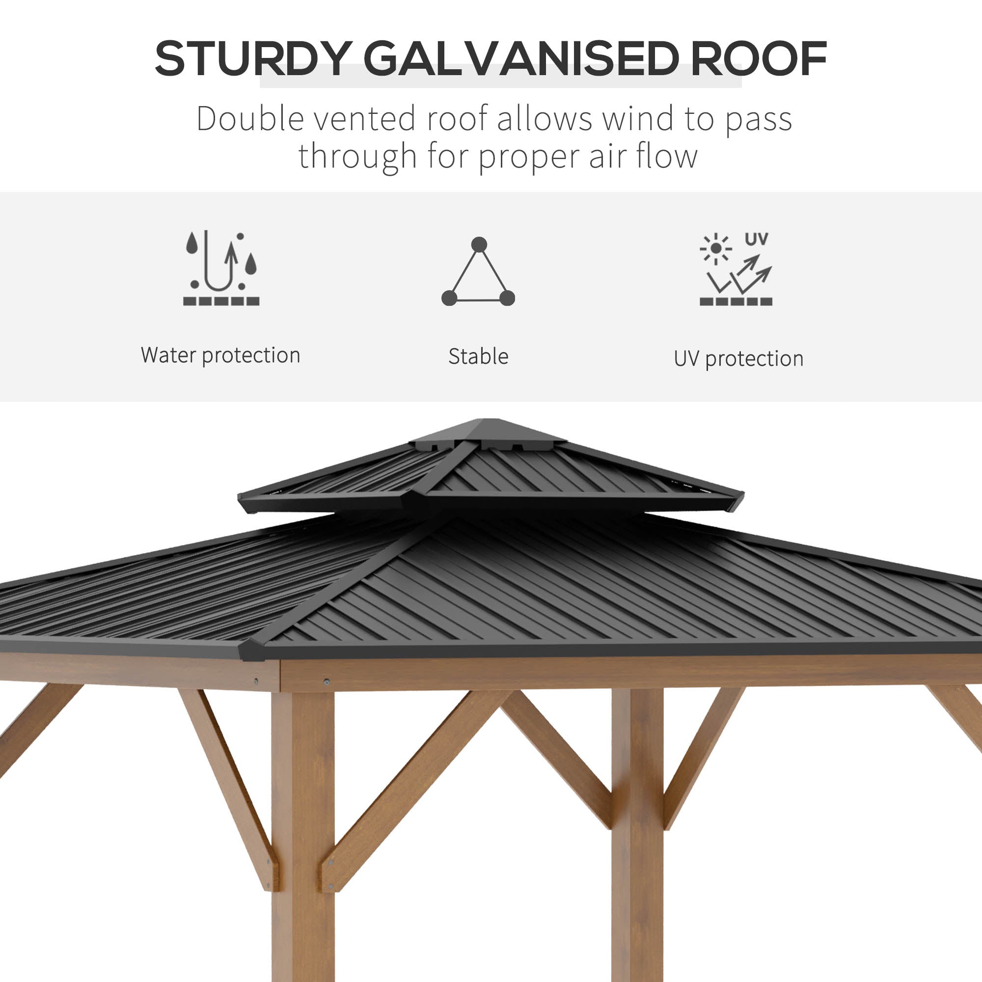 Outsunny 3.5 x 3.5m Outdoor Hardtop Gazebo Canopy with Two-tier Metal Roof and Solid Wood Frame Outdoor Patio Shelter for Patio, Garden, Grey - North Peak Garden Furniture