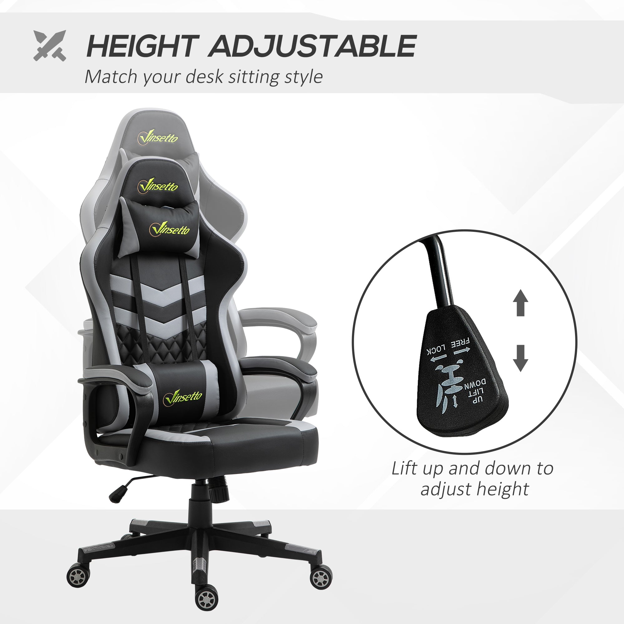 Vinsetto Gaming Chair, Computer Desk Chair with Lumbar Support, Faux Leather Racing Chair with Headrest and Swivel Wheels for Home Office, Black Grey - North Peak Garden Furniture
