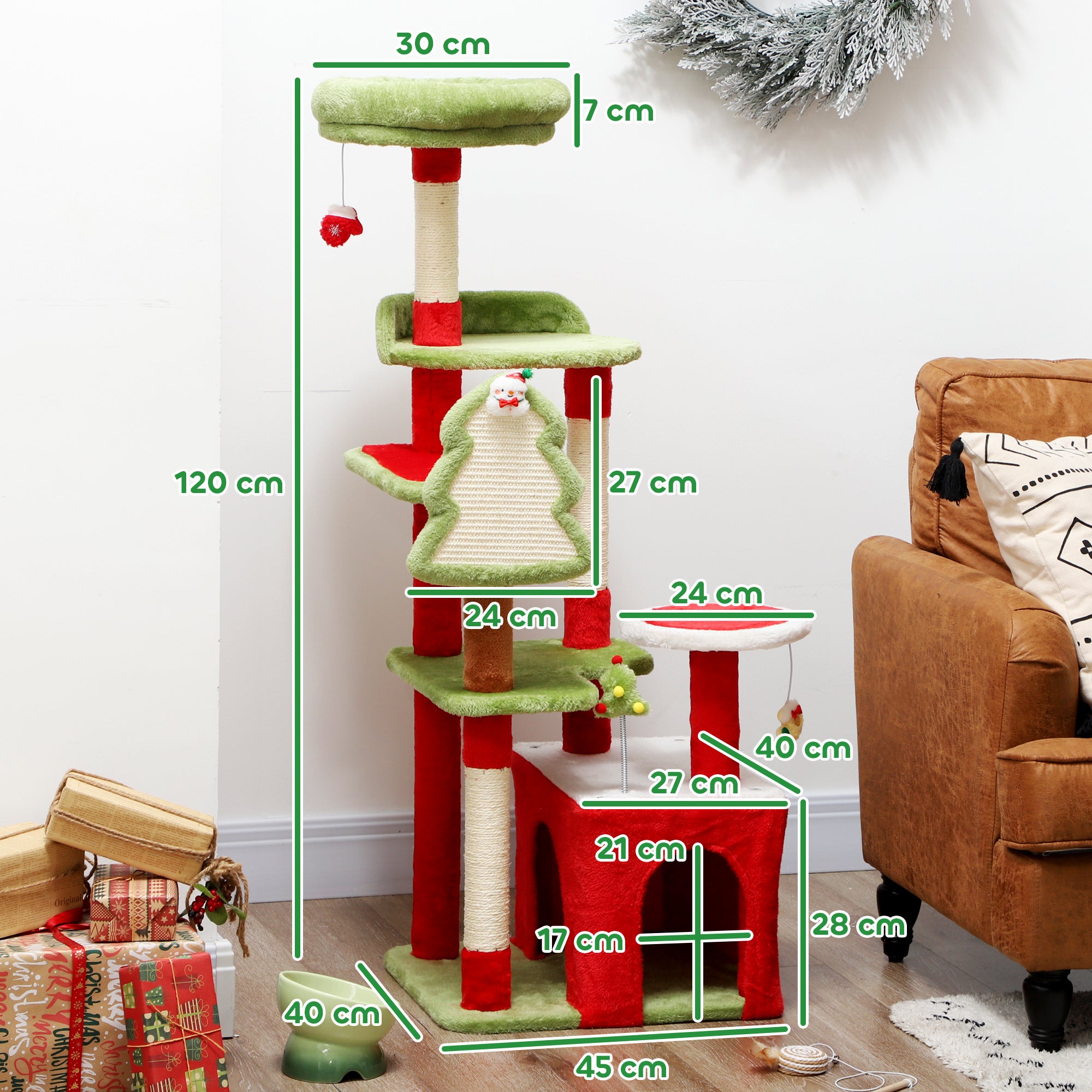 PawHut Cat Tree, 120cm Christmas Cat Tower with 3 Scratching Posts, Scratching Board, 2 Perches, Platforms, Toys, Green