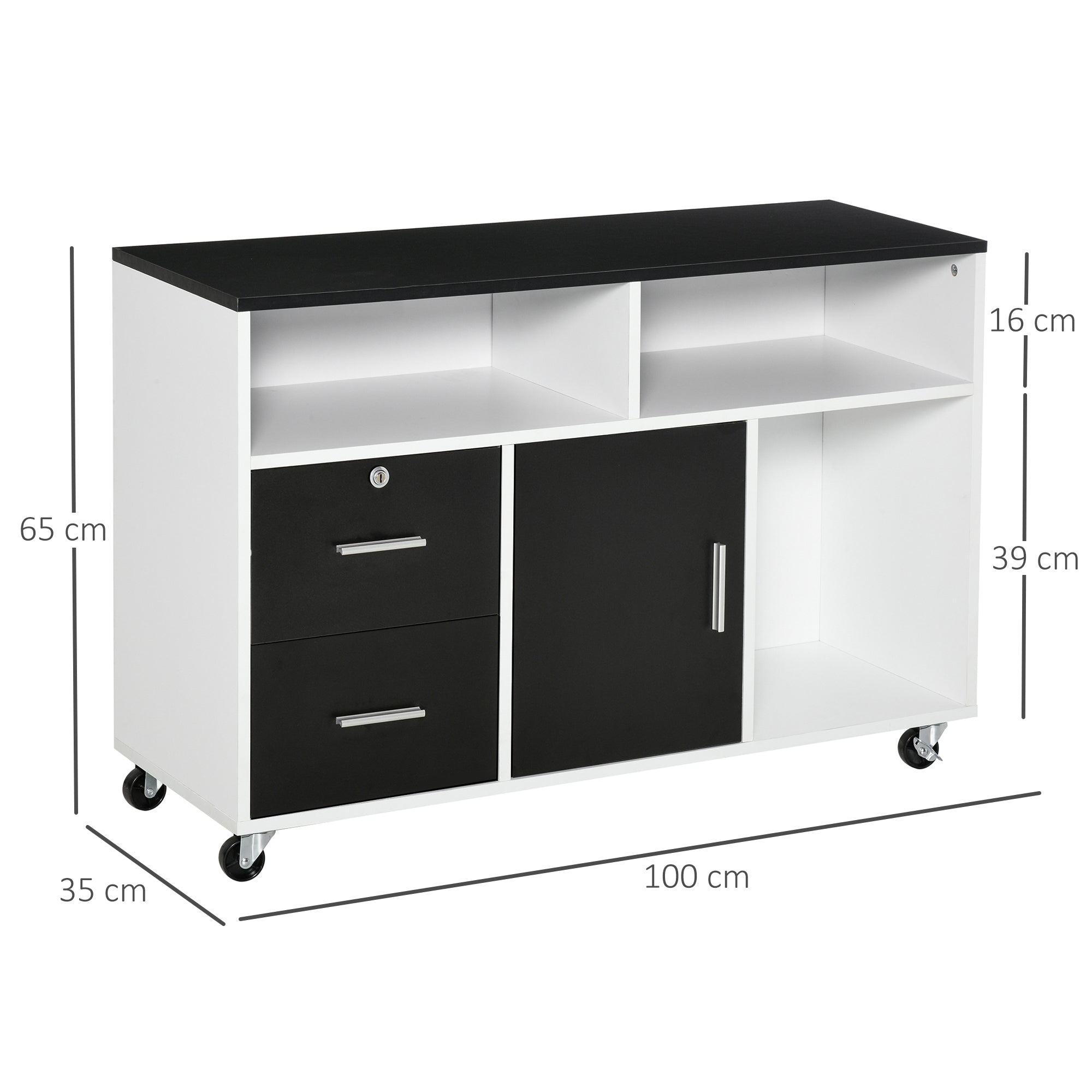 HOMCOM Mobile File Cabinet for Home Office, Lateral Filing Cabinet, Printer Stand with Open Shelves, Lockable Drawer,100cm x 35cm x 65cm, Black