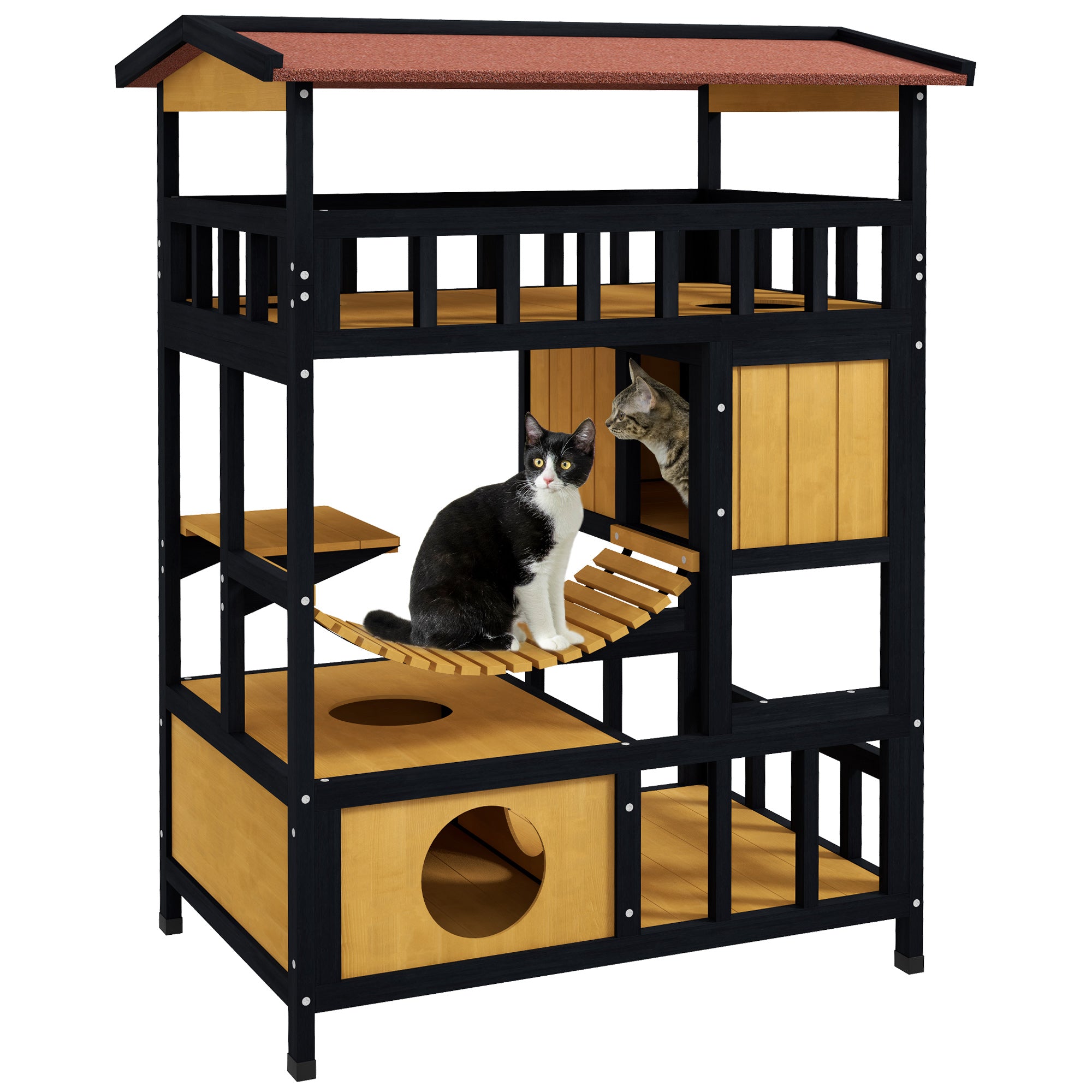 PawHut Outdoor Cat Shelter, Four-Tier Wooden Feral Cat House, with Suspension Bridge, Cat Houses, Balcony, Escape Doors - North Peak Garden Furniture