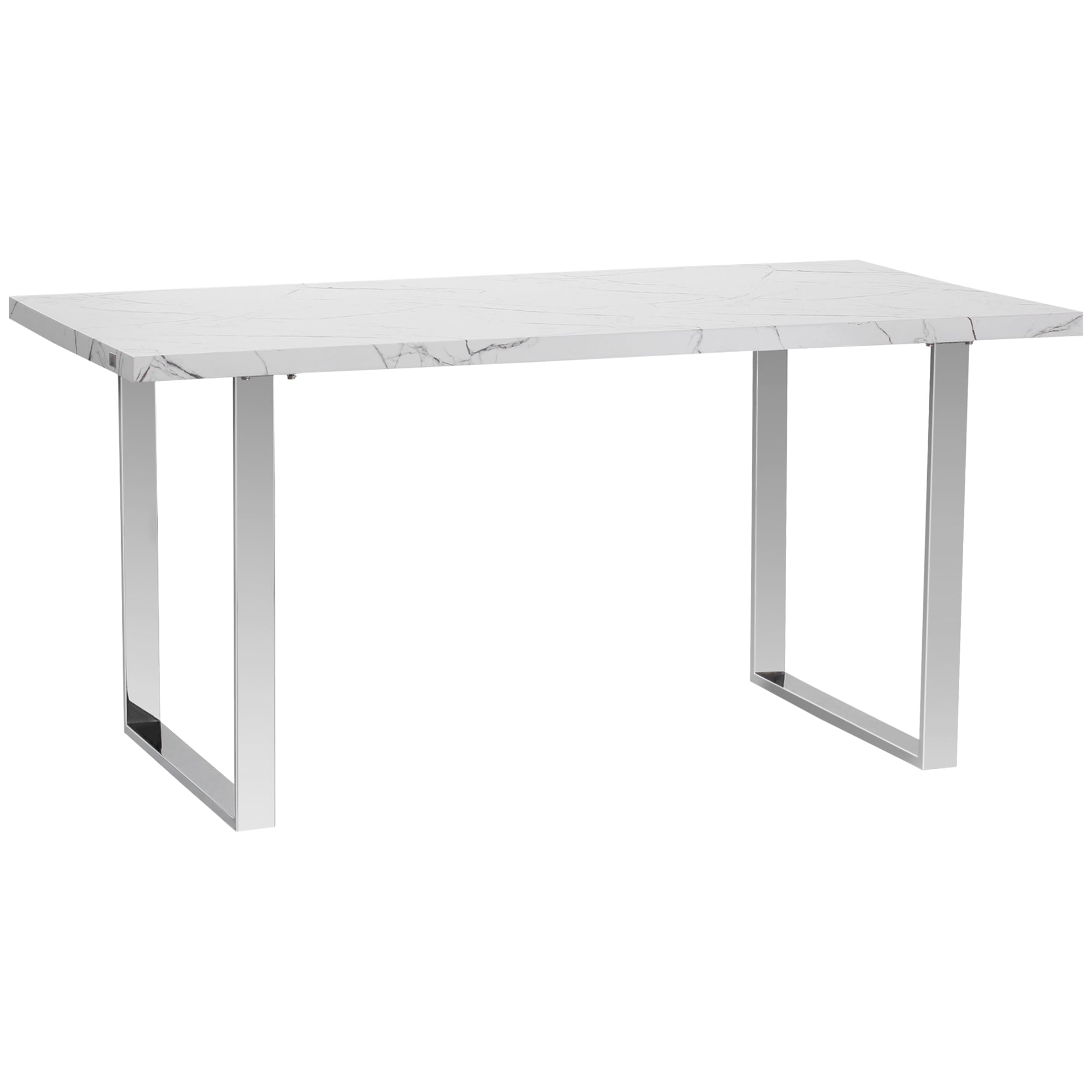 HOMCOM Modern Dining Room Table Rectangular Kitchen Table for 6-8 People with Marble Effect Tabletop Steel Legs 160 cm White - North Peak Garden Furniture