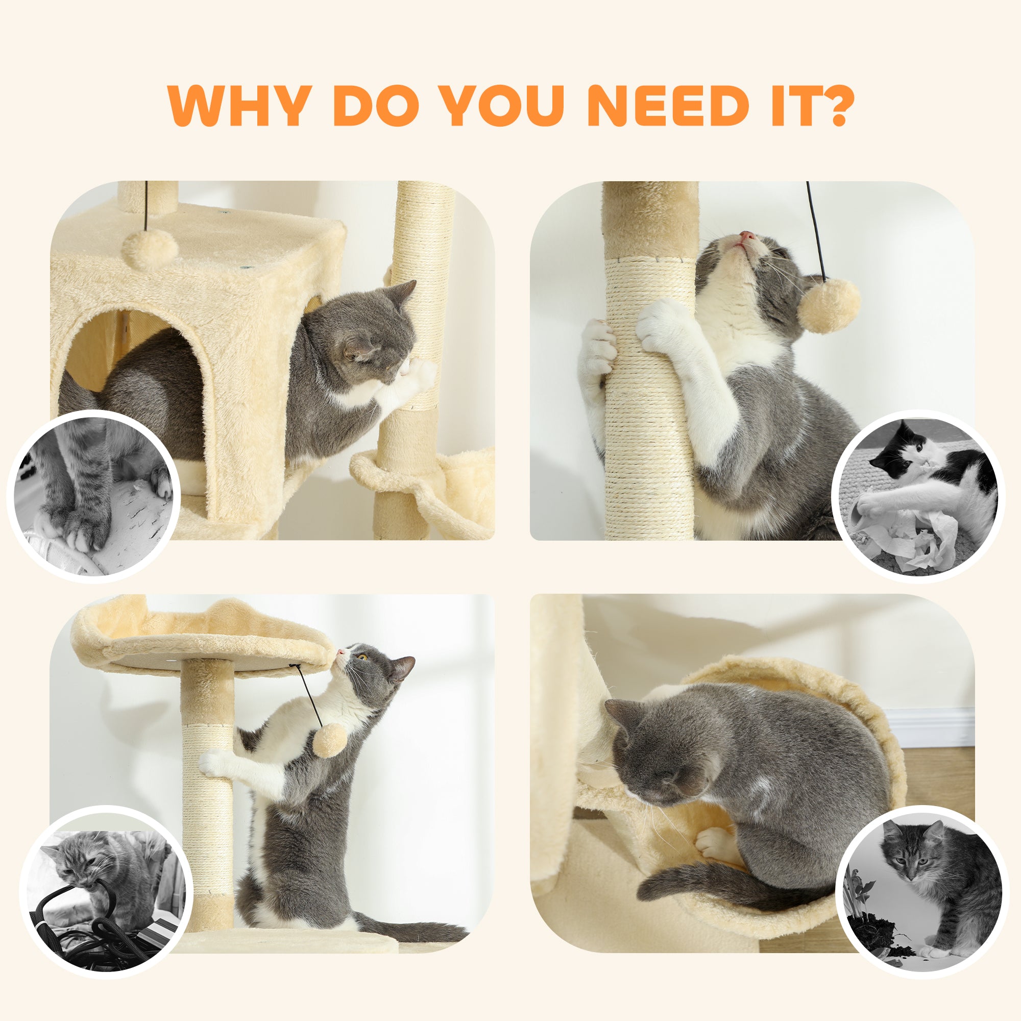 PawHut 180cm Large Cat Tree Tower with Sisal Scratching Posts, Condos, Plush Perches, Hammock, Ladder, Beige