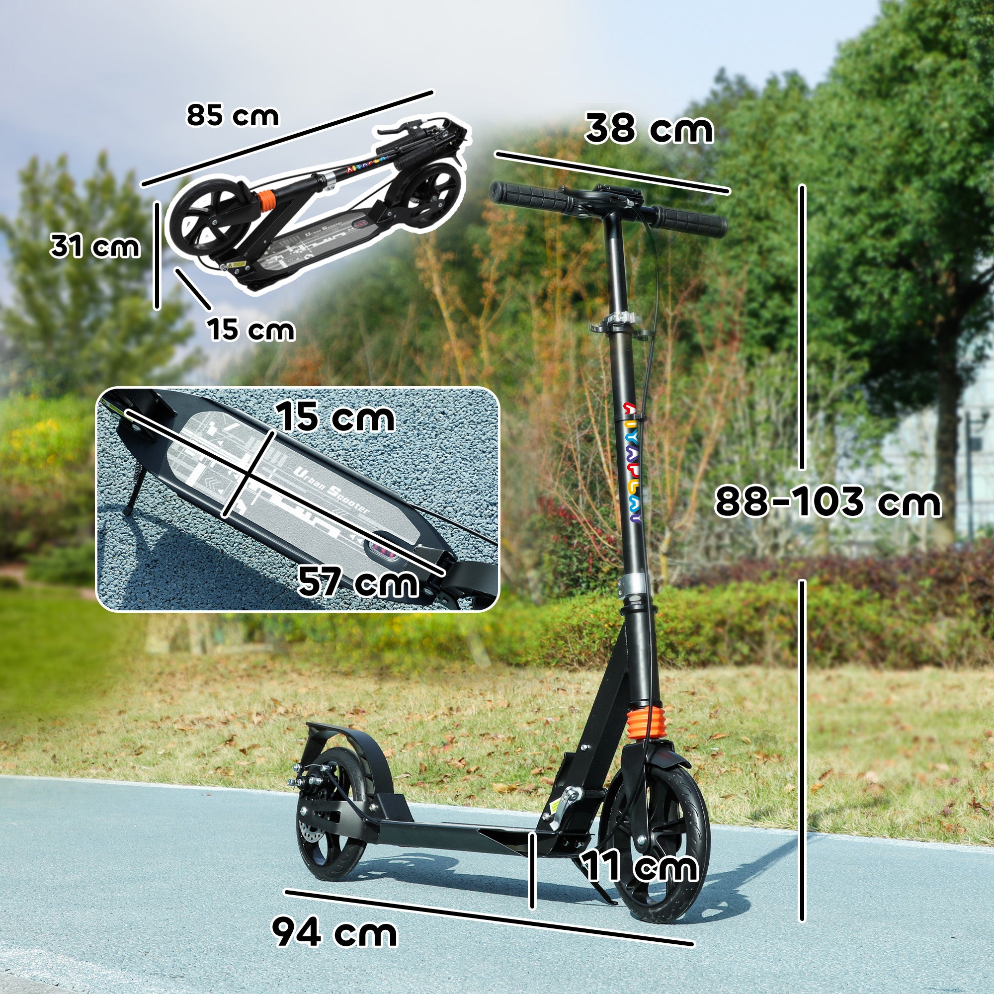 AIYAPLAY Kids Scooter with 4 Levels Adjustable Handlebar, Dual Brake System, 200mm Wheels, ABEC-7 Bearings, Black - North Peak Garden Furniture