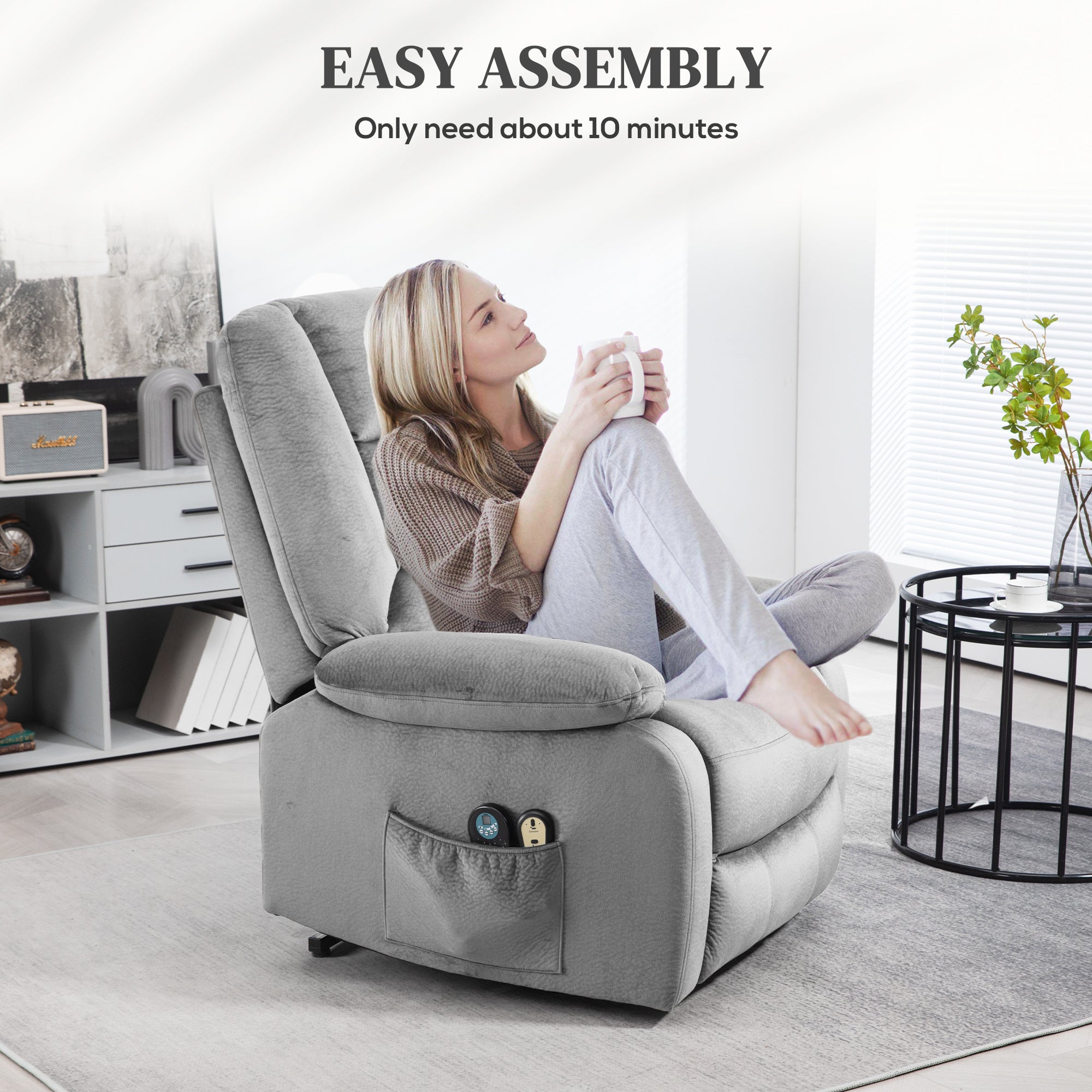 HOMCOM Velvet-Feel Electric Lift-and-Recline Massage Armchair, with Remote - Grey - North Peak Garden Furniture
