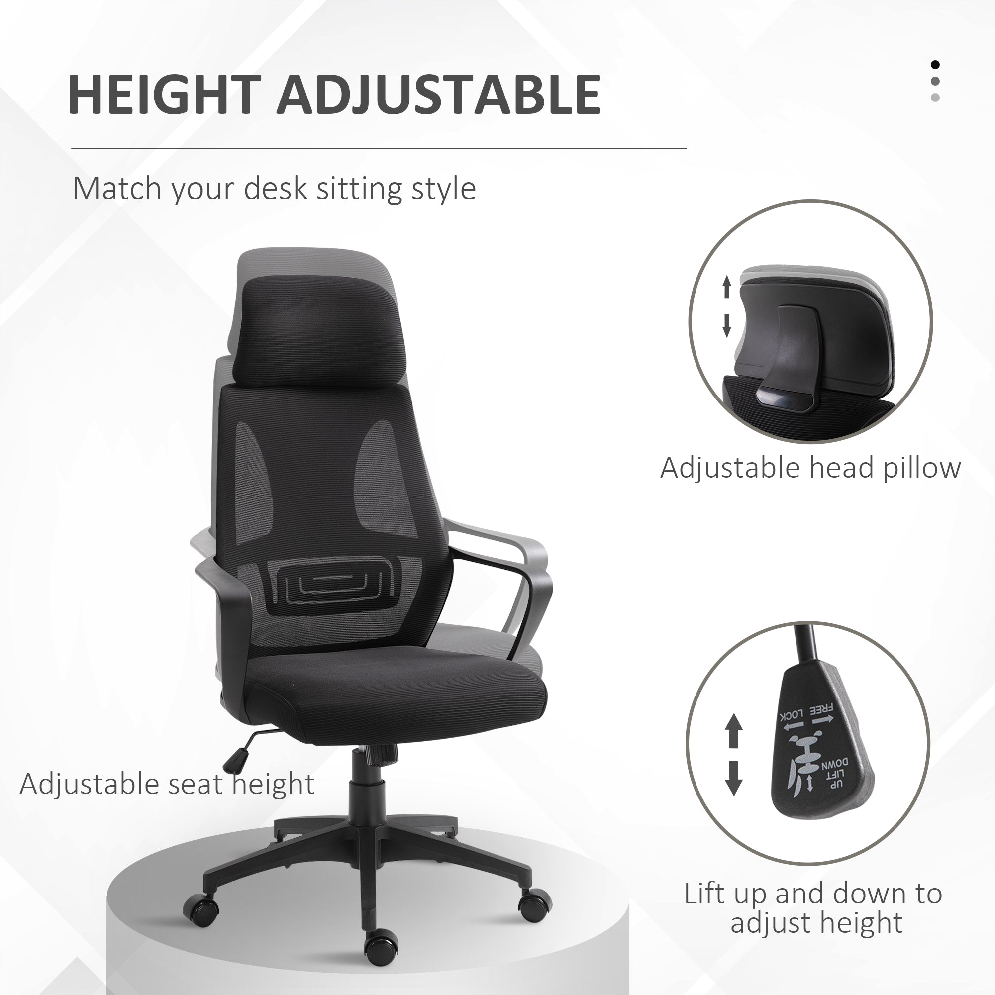Vinsetto Ergonomic Office Chair, High Back Computer Chair, Mesh Desk Chair with Lumbar Support, Headrest, Wheel, Adjustable Height, Black - North Peak Garden Furniture