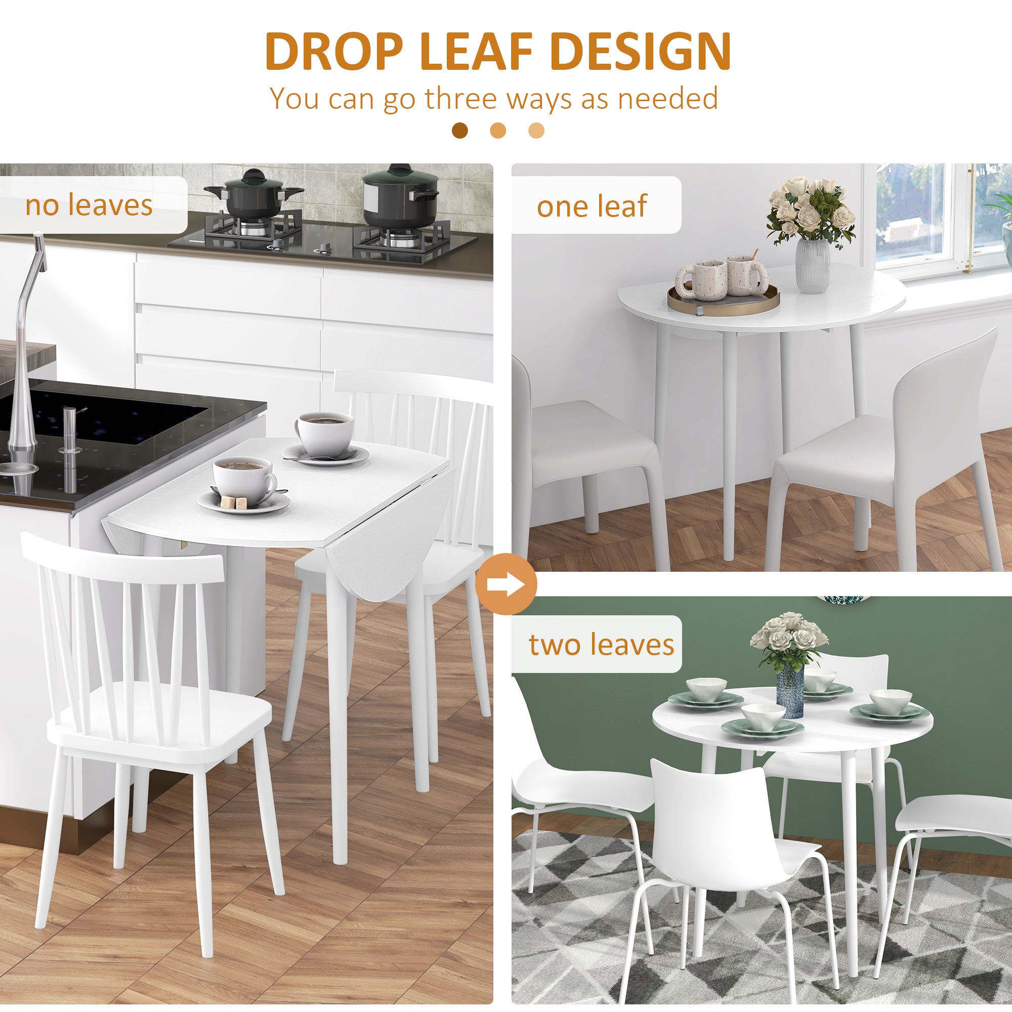 HOMCOM Folding Dining Table for 4, Round Drop Leaf Table, Modern Space Saving Small Kitchen Table with Wood Legs for Dining Room, White - North Peak Garden Furniture