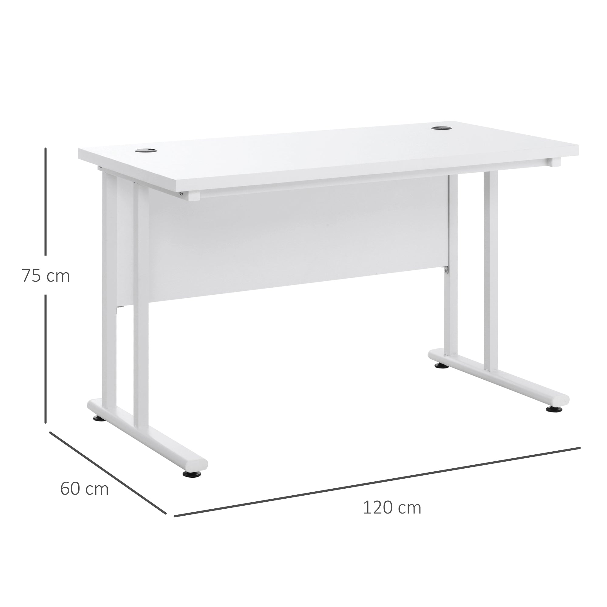 HOMCOM Computer Desk, Home Office Desk, Writing Table, 120x60x75cm Laptop Workstation with 2 Cable Management Holes, C Shaped Metal Legs for Adults, White - North Peak Garden Furniture