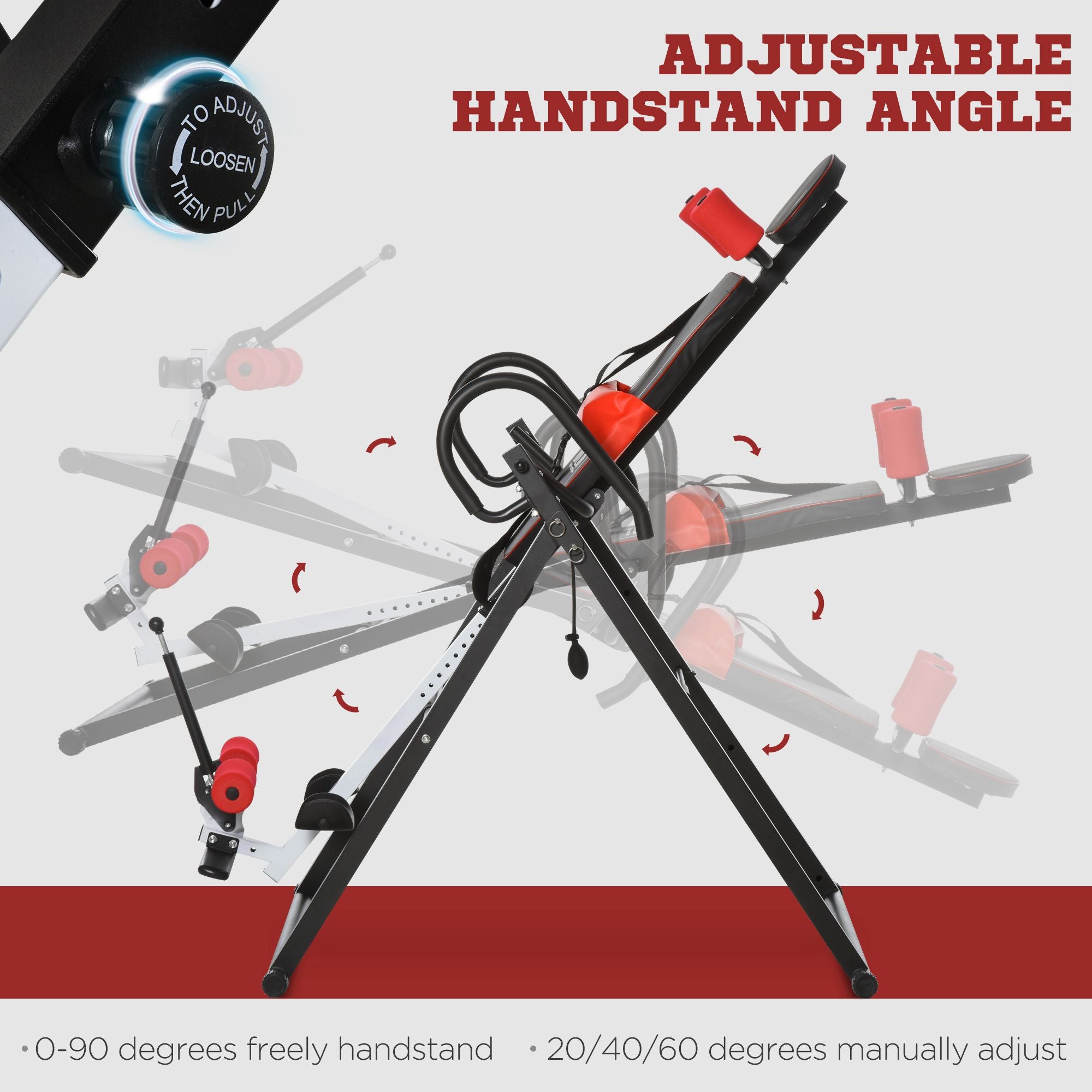 HOMCOM Gravity Inversion Table with Safety Belt Adjustable Hand Stand for Muscle Pain Relief, Red - North Peak Garden Furniture