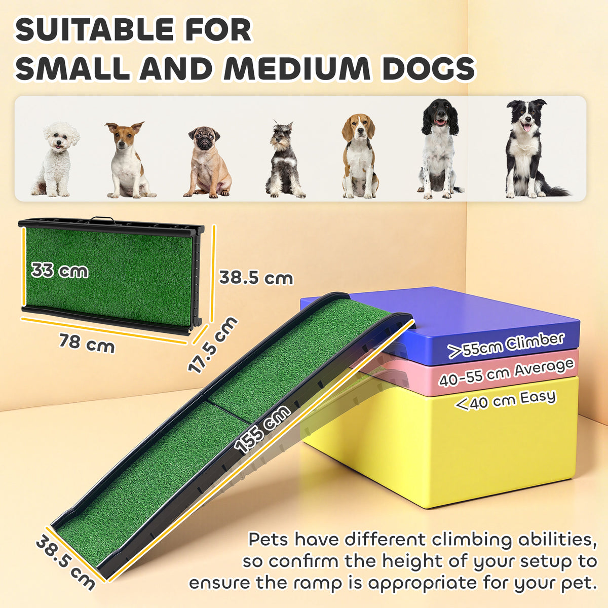 PawHut Foldable Dog Ramp with Artificial Anti-slip Surface, Portable & Lightweight, for Cars, Home, 155 x 38.5 x 15.5 cm
