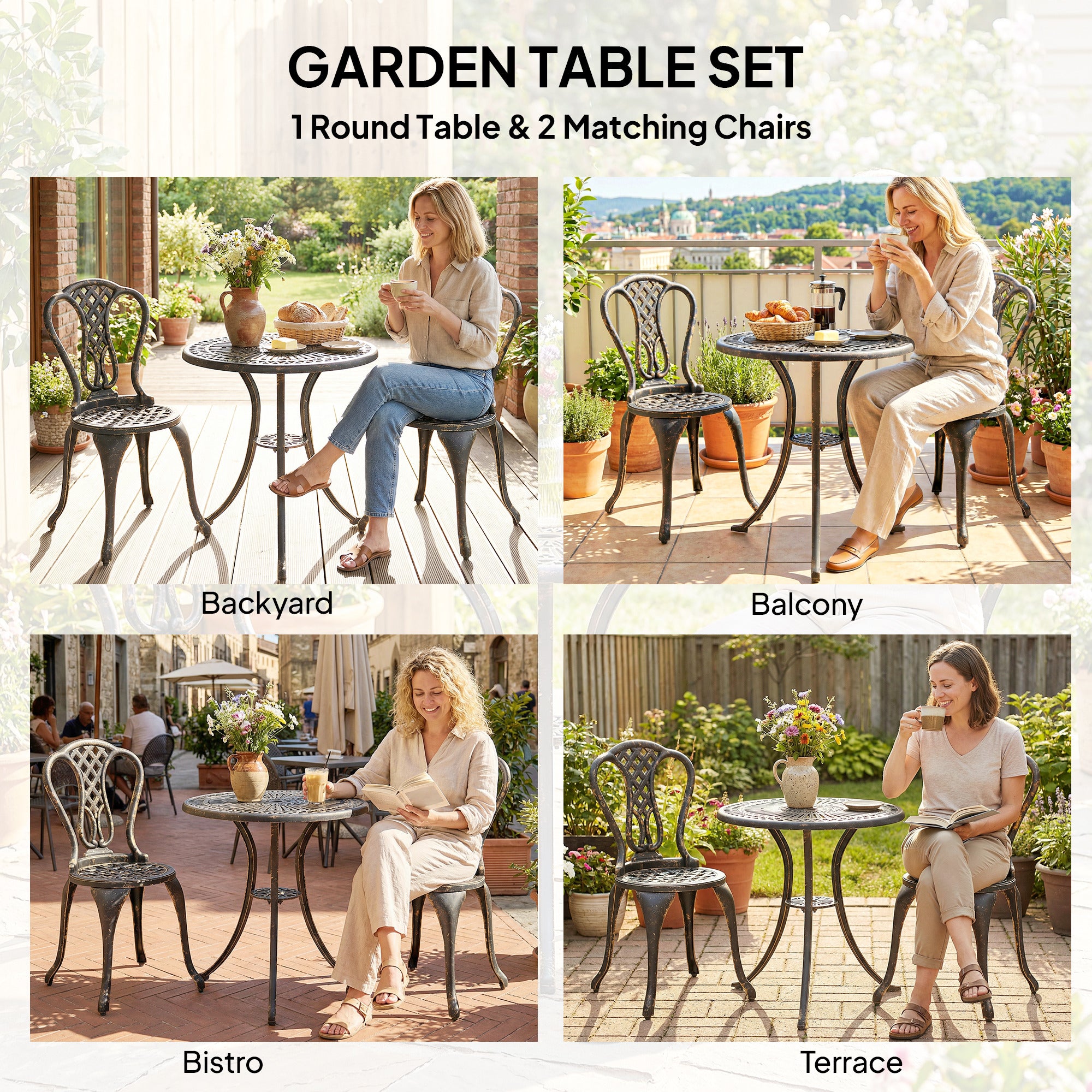 Outsunny Outdoor Bistro Set for 2 Cast Aluminium Patio Furniture with Round Table Umbrella Hole Brown