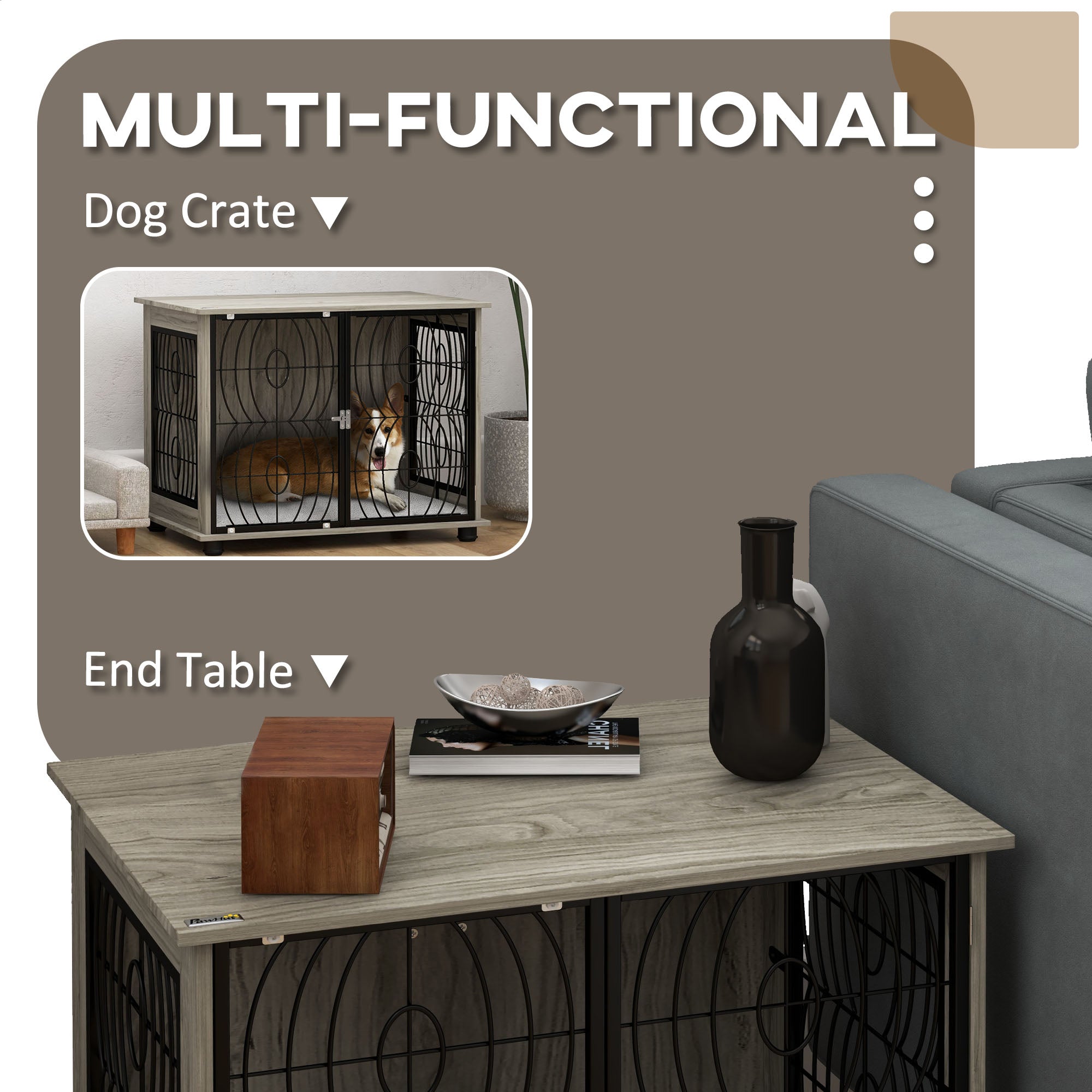 PawHut Indoor Dog Crate Furniture End Table w/ Plush Washable Cushion, Lockable Door, for Medium Dogs - North Peak Garden Furniture