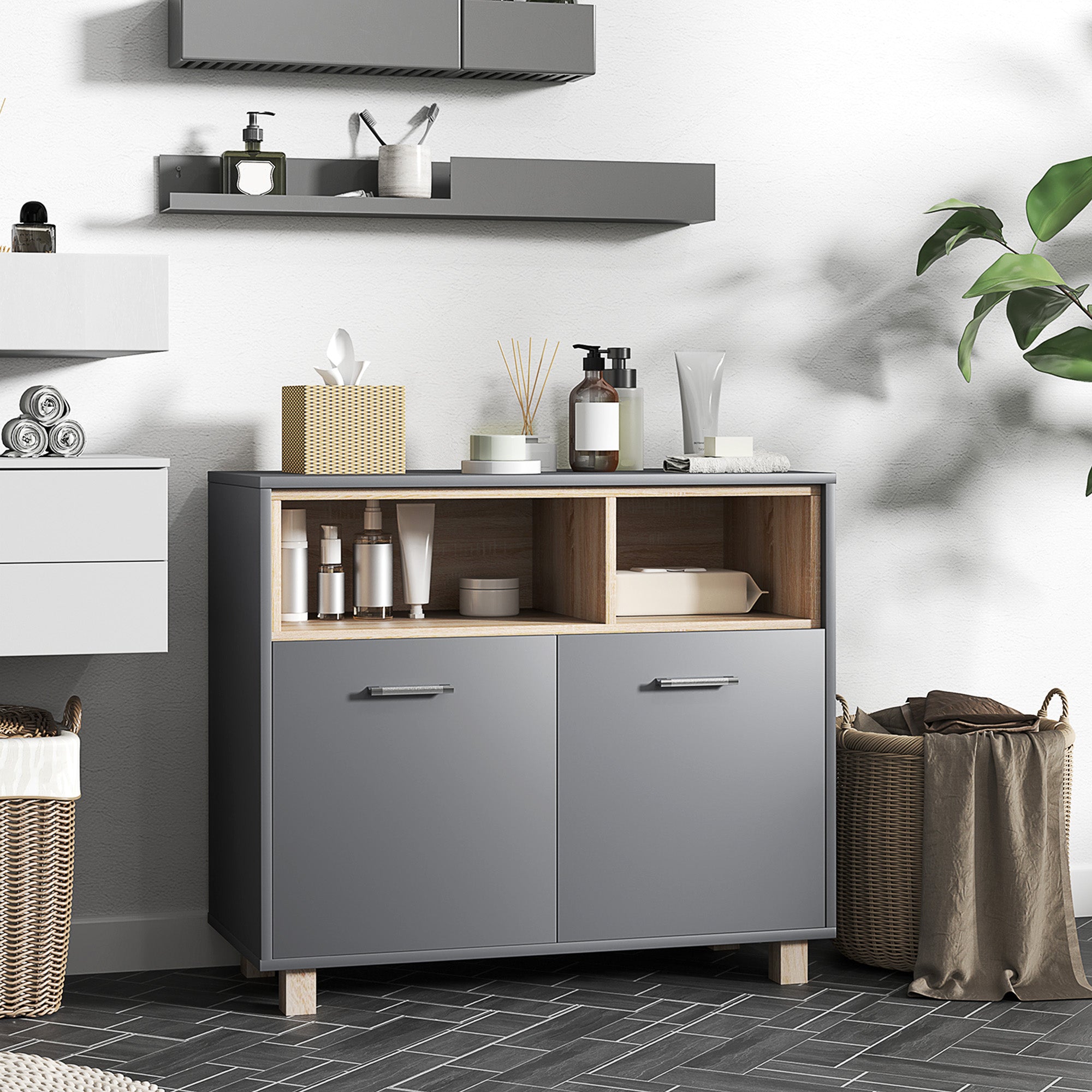 HOMCOM Freestanding Bathroom Cabinet, Bathroom Storage Unit, Bathroom Storage Cabinet with Open Compartments and Double Doors - North Peak Garden Furniture