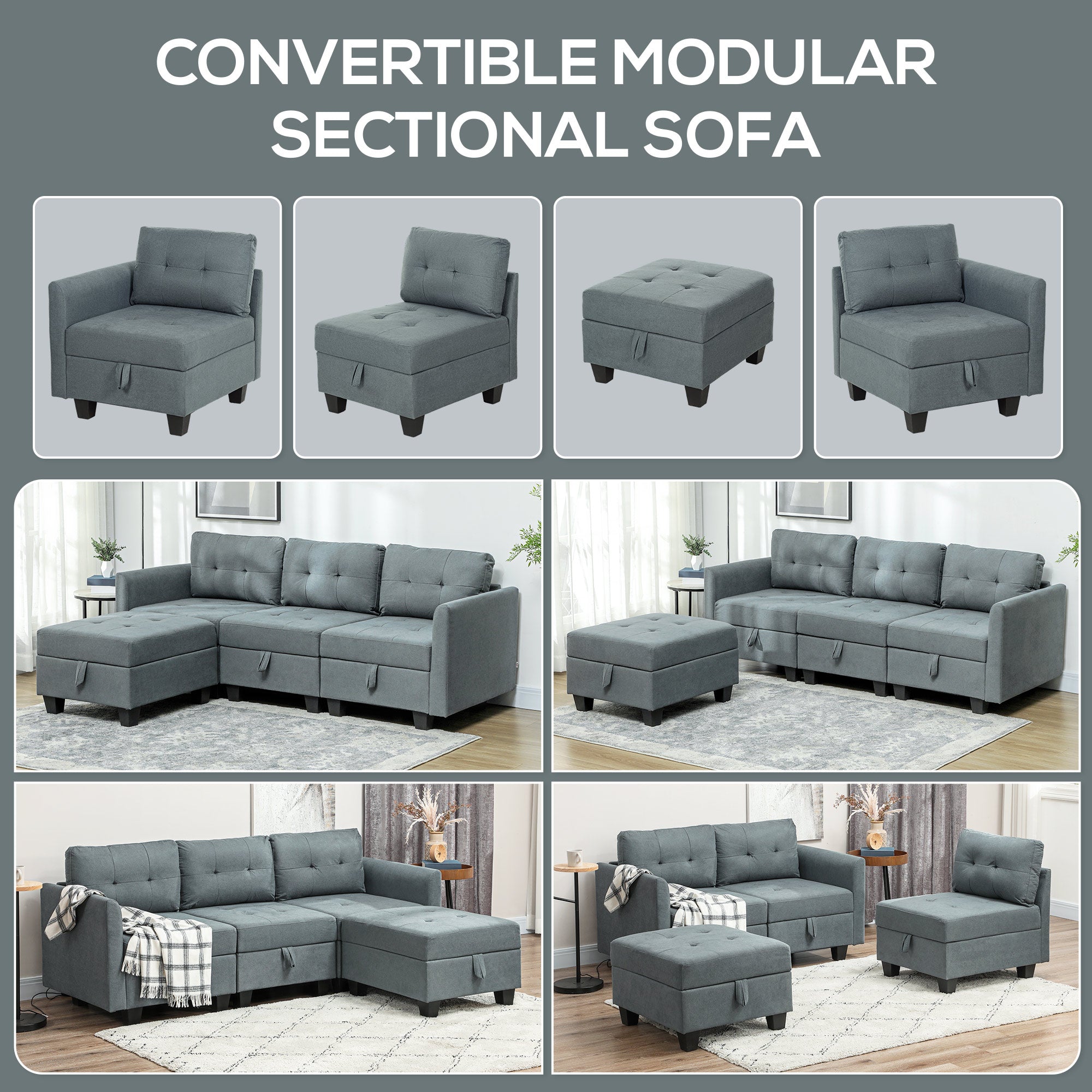 HOMCOM 'L' Shape Modular Sofa, with Storage - Dark Grey - North Peak Garden Furniture