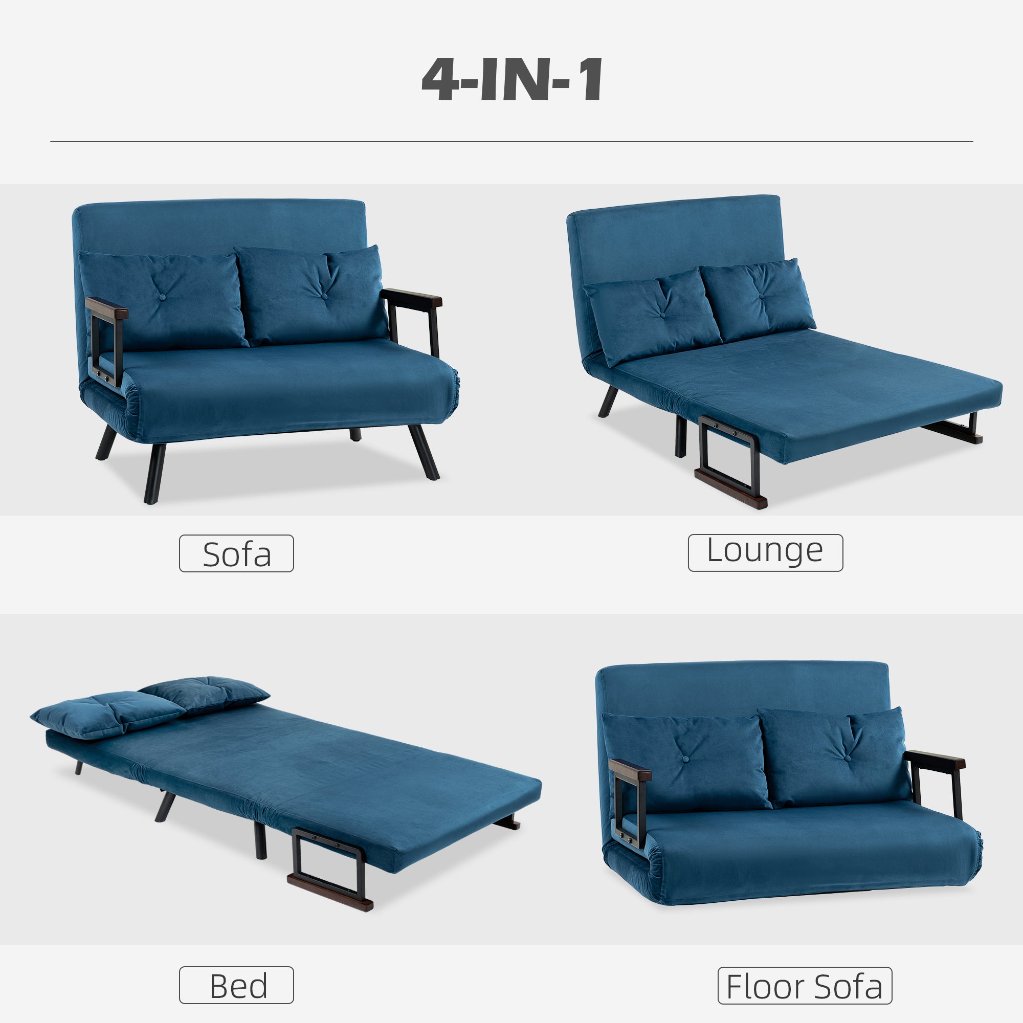 HOMCOM 4-in-1 Velvet-Feel Double Sofa Bed, with Pillows - Blue - North Peak Garden Furniture