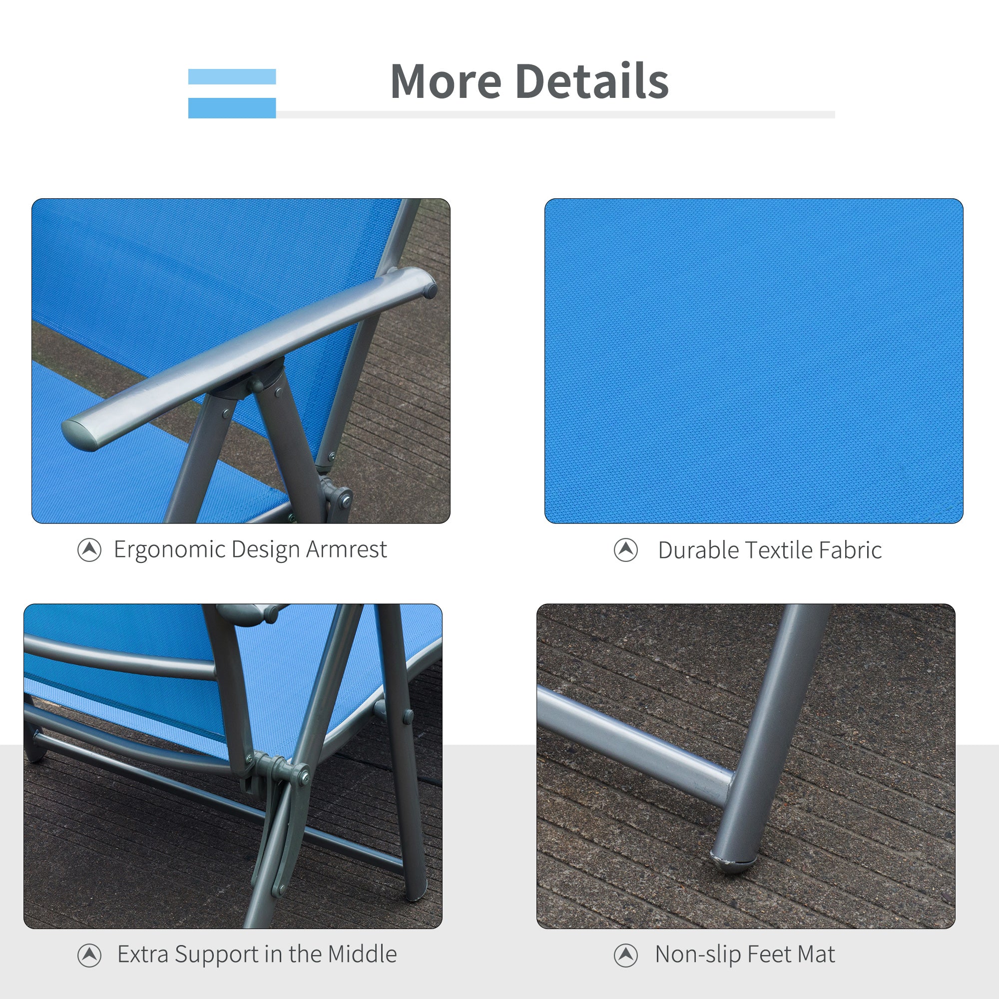 Outsunny Sun Lounger Steel Frame Outdoor Folding Chaise Texteline Lounge Chair Recliner with Headrest & 7 Levels Adjustable Backrest, Blue - North Peak Garden Furniture