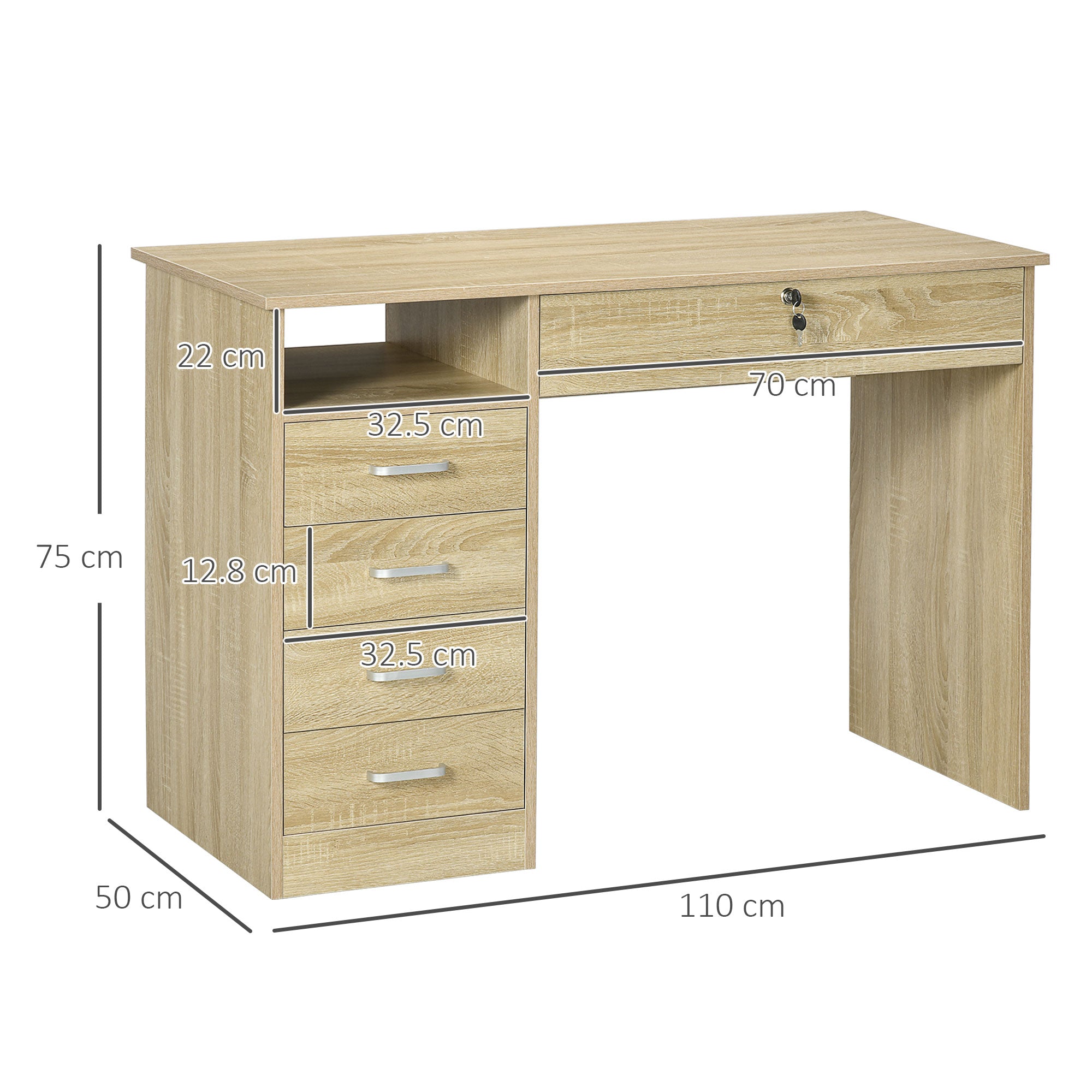 HOMCOM Computer Desk, Home Office Desk with Lockable Drawer, Storage Shelf for Study Bedroom, 110 x 50 x 76 cm, Oak - North Peak Garden Furniture