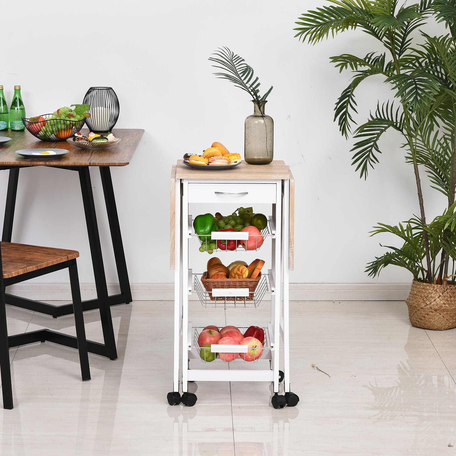 HOMCOM Drop-Leaf Kitchen Cart Trolley w/ 3 Baskets Drawer Surface Top 6 Universal Wheels Rolling Storage Unit Kitchen Home Dining Island White Oak Tone