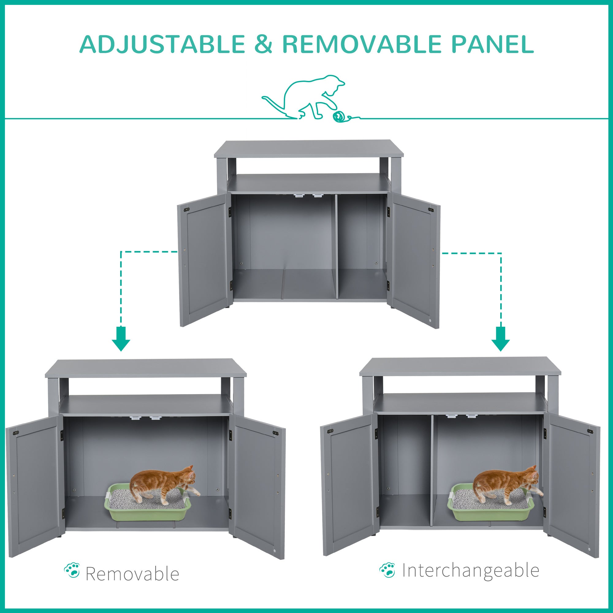 PawHut Wooden Cat Litter Box Enclosure Furniture with Adjustable Interior Wall & Large Tabletop for Nightstand, Grey - North Peak Garden Furniture