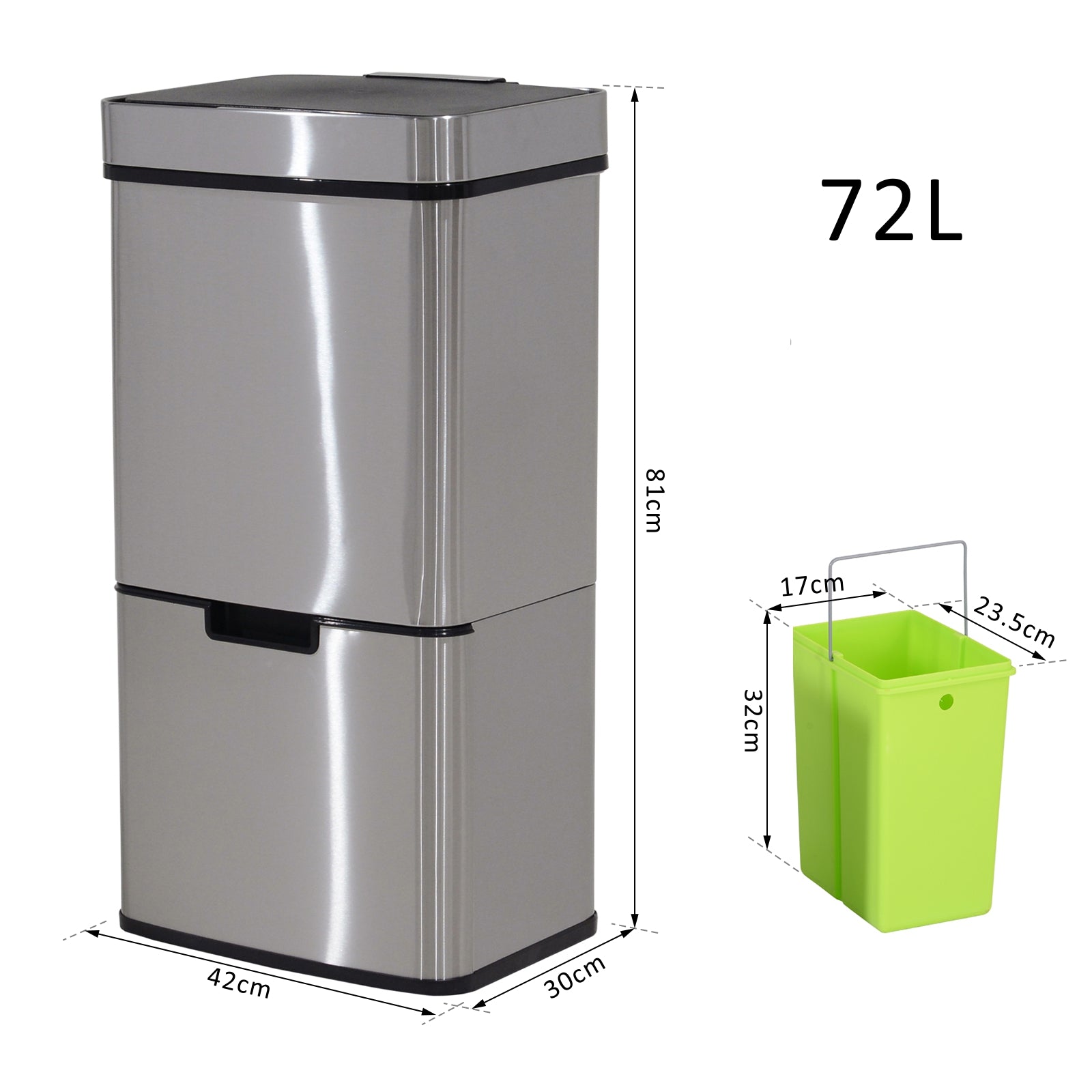 HOMCOM 72L Recycling Sensor Bin Stainless Steel 3 Compartments For Both Wet/Dry Waste w/Removable Lid Kitchen Home - North Peak Garden Furniture