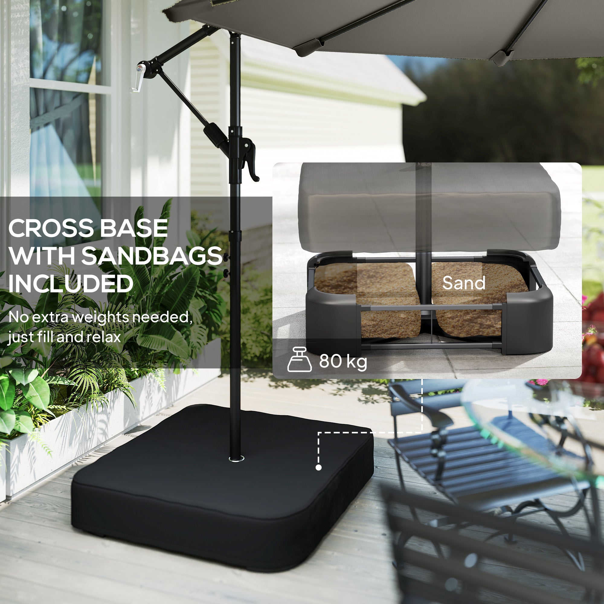 Outsunny 3 m Garden Cantilever Parasol with Cross Base, Sandbag, 360° Rotating Overhanging Banana Umbrella, Grey