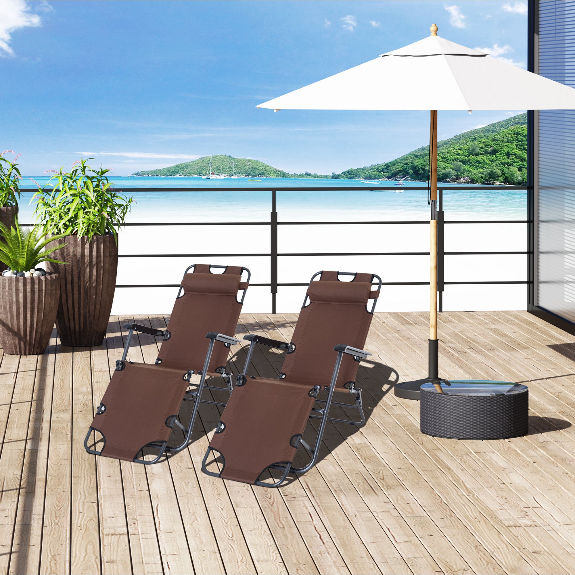 Outsunny 2 Pieces 2 in 1 Sun Lounger Folding Reclining Chair Garden Outdoor Camping Adjustable Back with Pillow, Brown - North Peak Garden Furniture