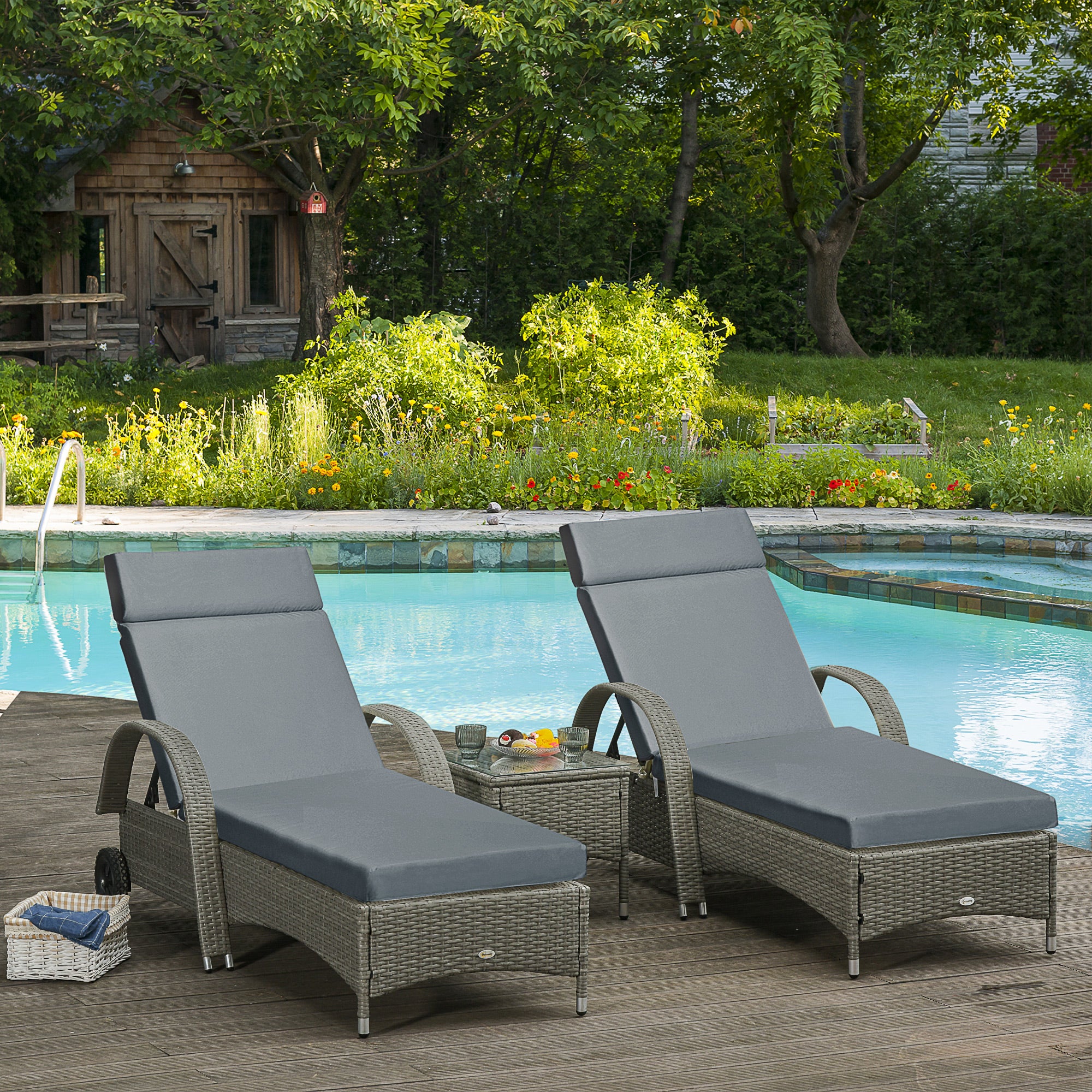 Outsunny Set of 2 Sun Lounger Cushions, Replacement Cushions for Rattan Furniture with Ties, 196 x 55 cm, Dark Grey - North Peak Garden Furniture