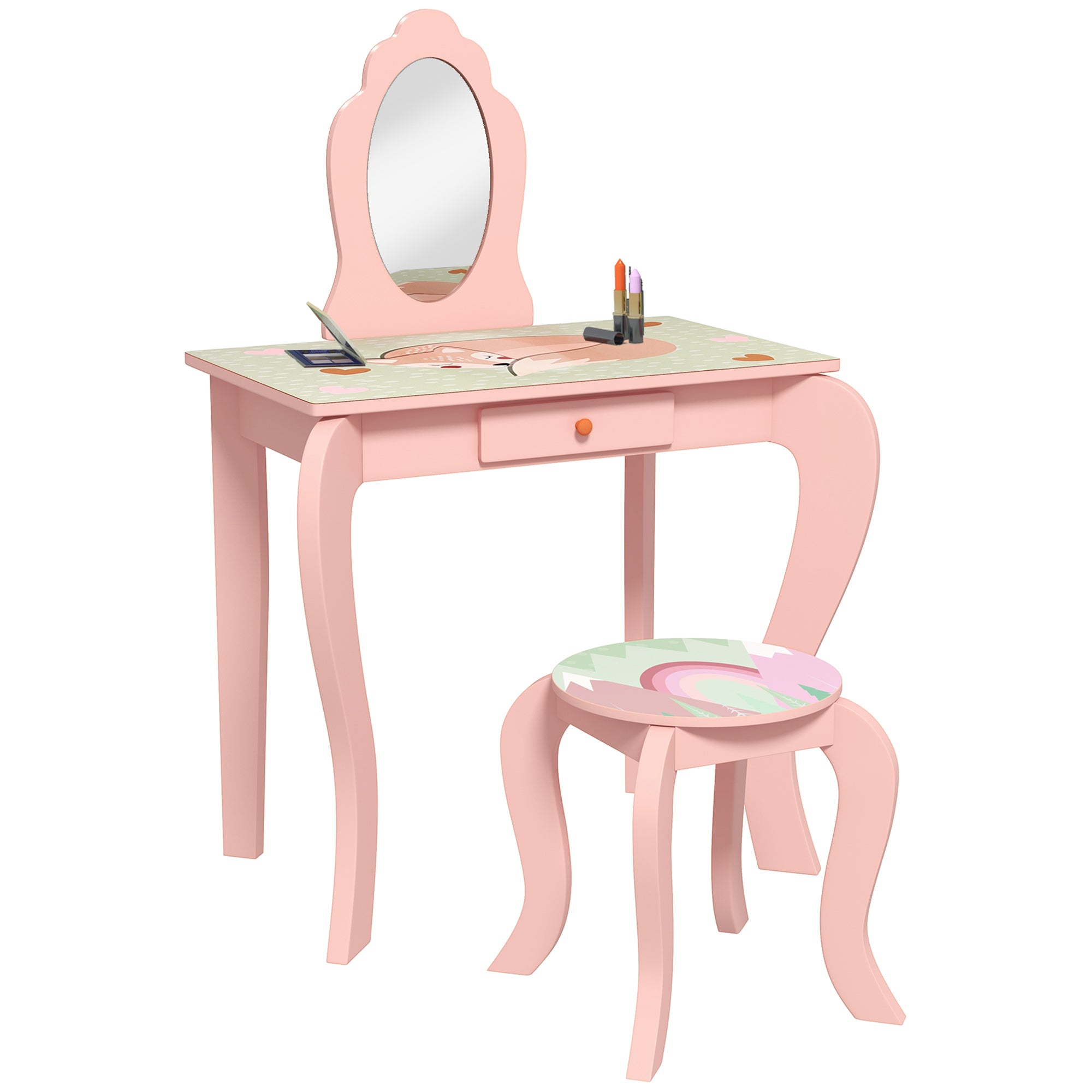 ZONEKIZ Kids Dressing Table with Mirror, Stool, Drawer, Cute Animal Design - Pink - North Peak Garden Furniture