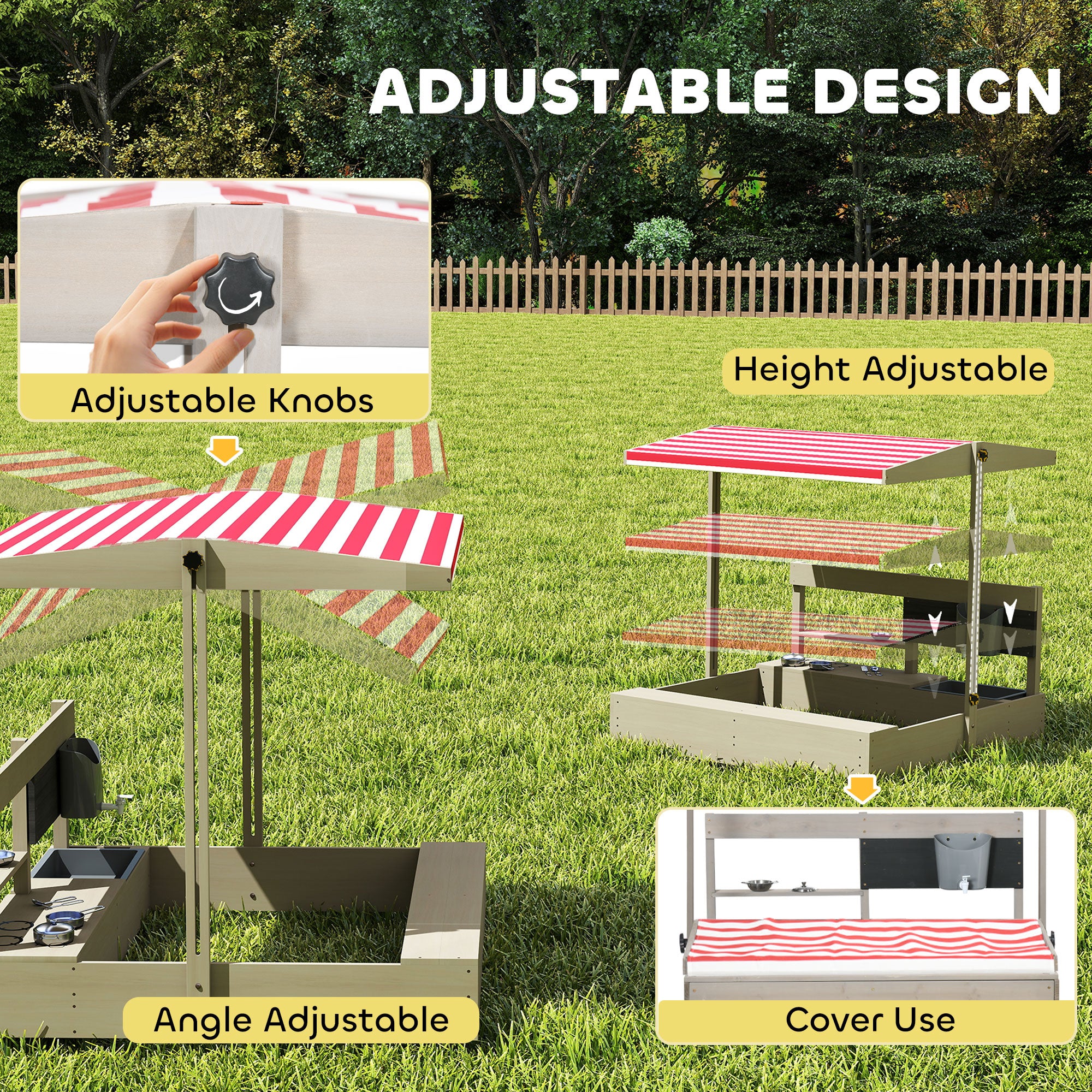 Outsunny Kids Wooden Sandbox w/ Canopy, Kitchen Toys, Seat, Storage, for 3-7 Years Old Outdoor Play