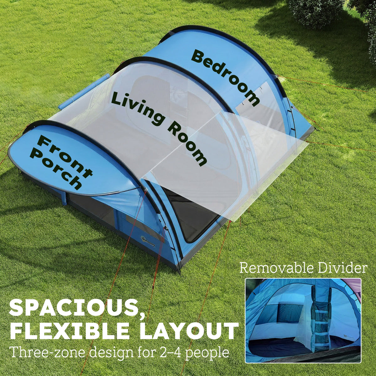 Outsunny 4 Person Easy Setup Family Camping Tent with 2 Rooms, Waterproof Tunnel Tent w/ Sewn In Groundsheet, Sky Blue & Grey